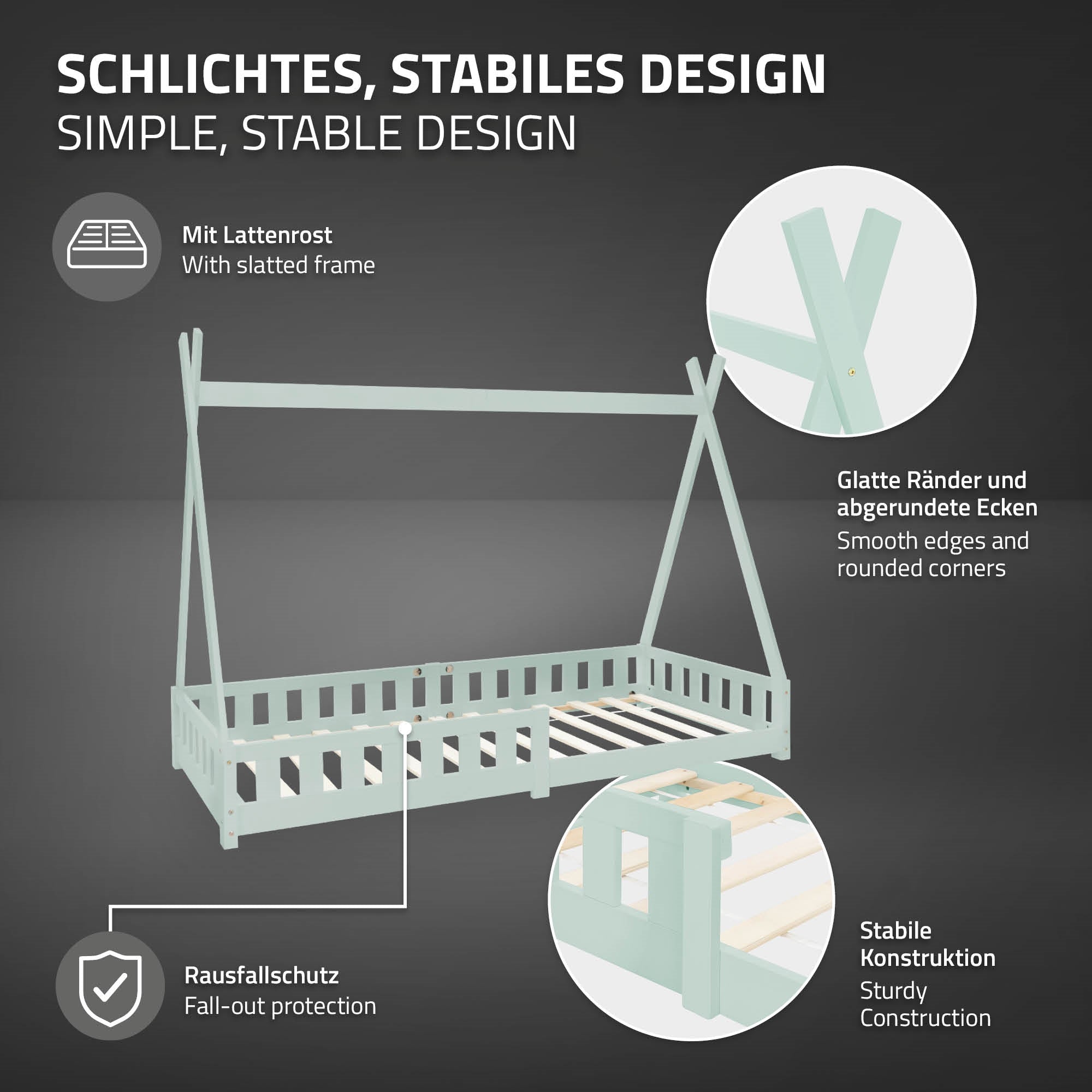 Bett mit Lattenrost, glatten Rändern und abgerundeten Ecken, Rausfallschutz.