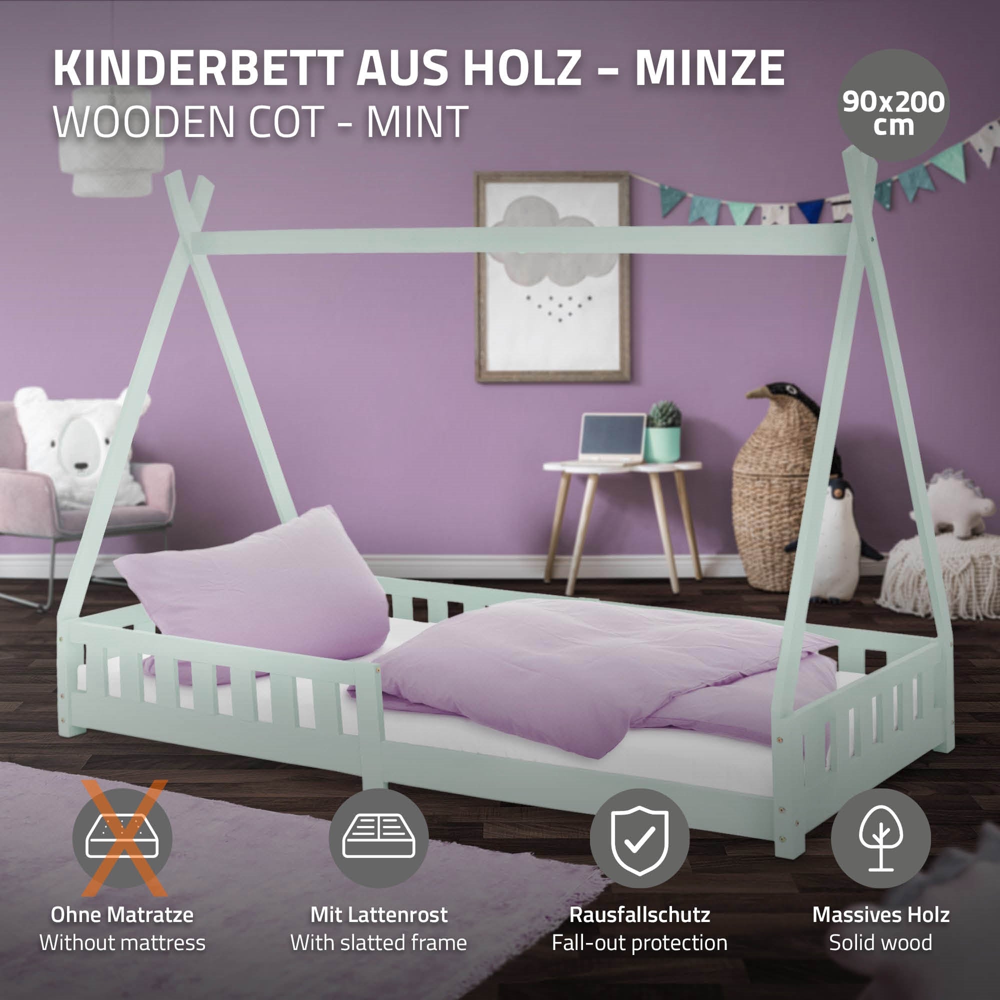 Kinderbett aus Holz in Mintgrün, ohne Matratze, mit Lattenrost.