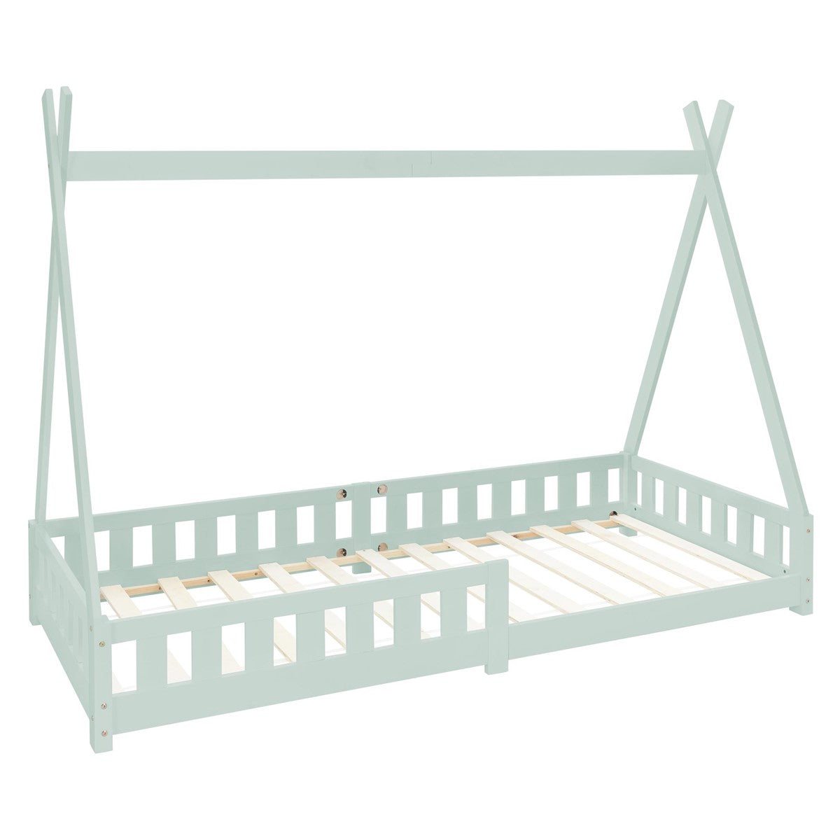 Bettgestell in mintgrün mit stabilen Holzlatten.