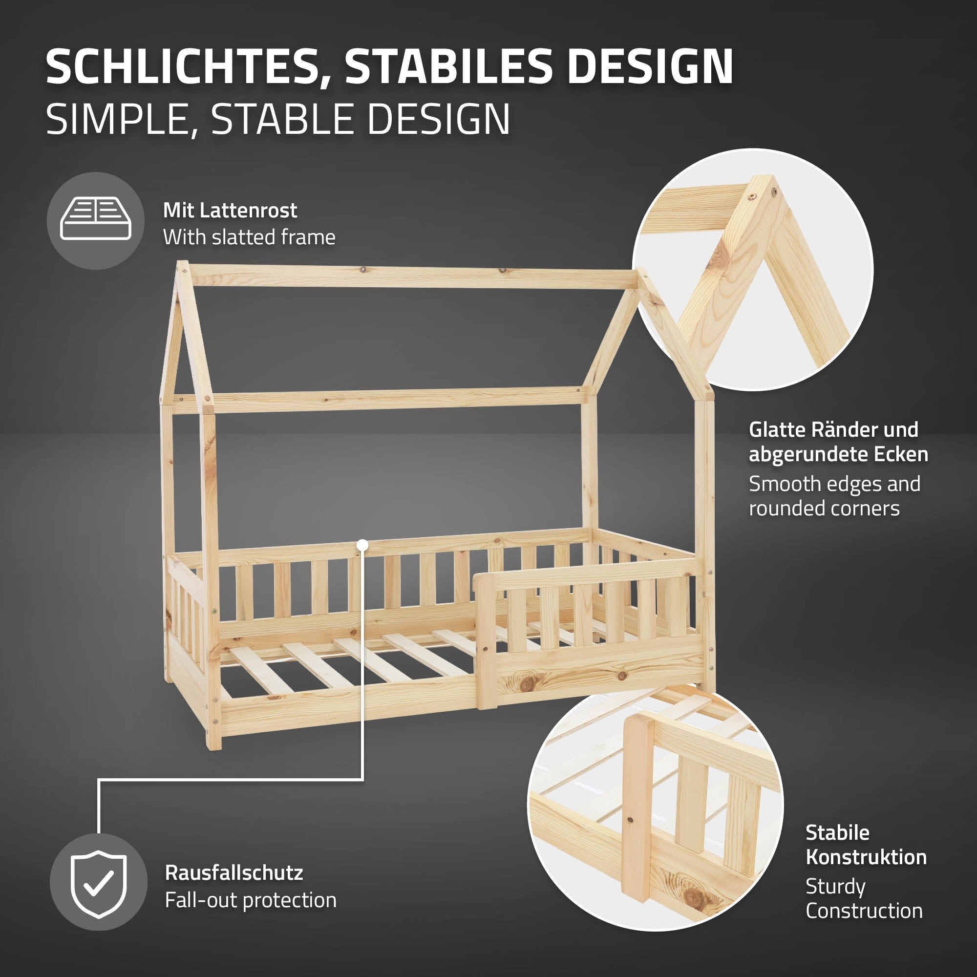 Bett mit stabiler Konstruktion und Rausfallschutz.