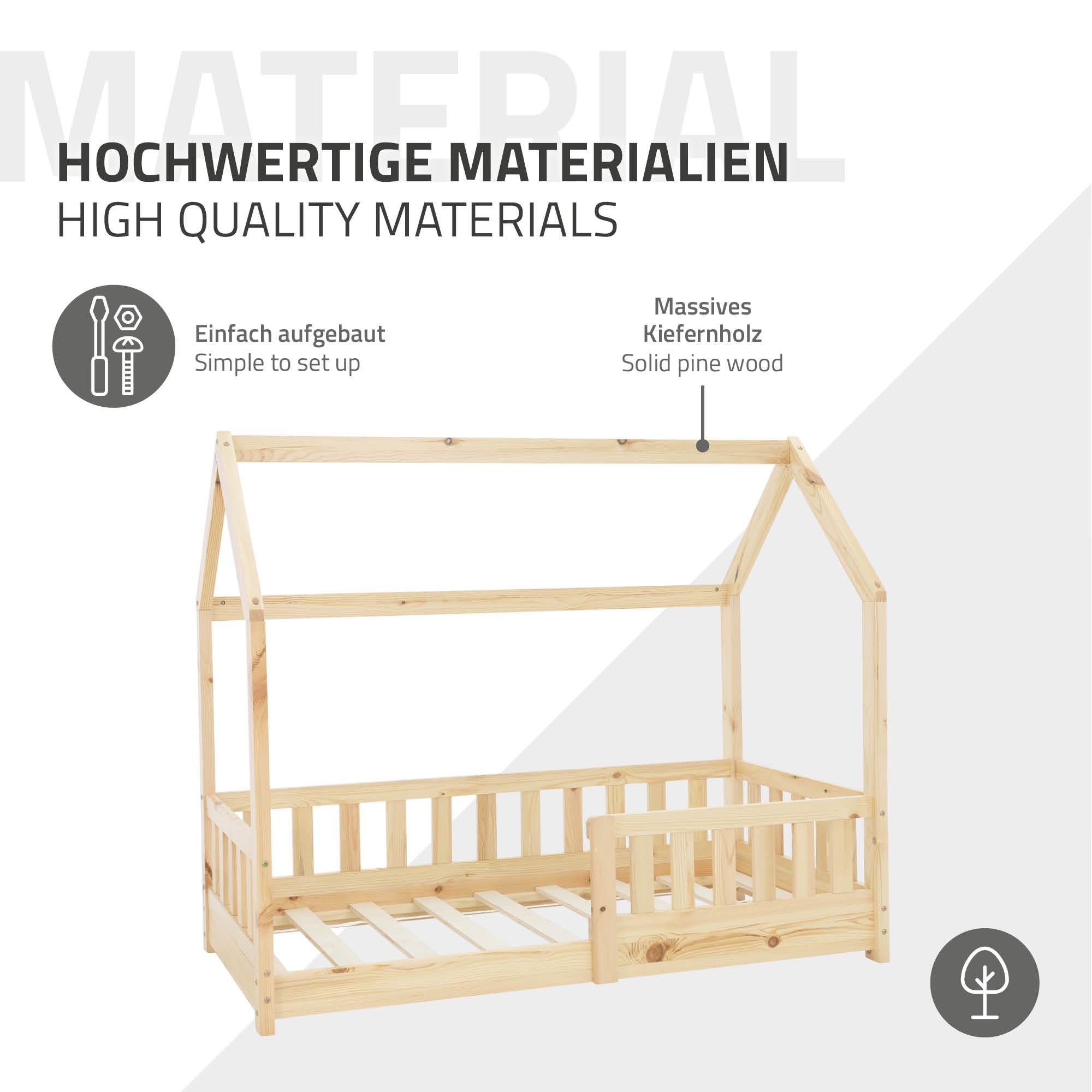 Holz-Kinderbett mit Dach aus massivem Kiefernholz.