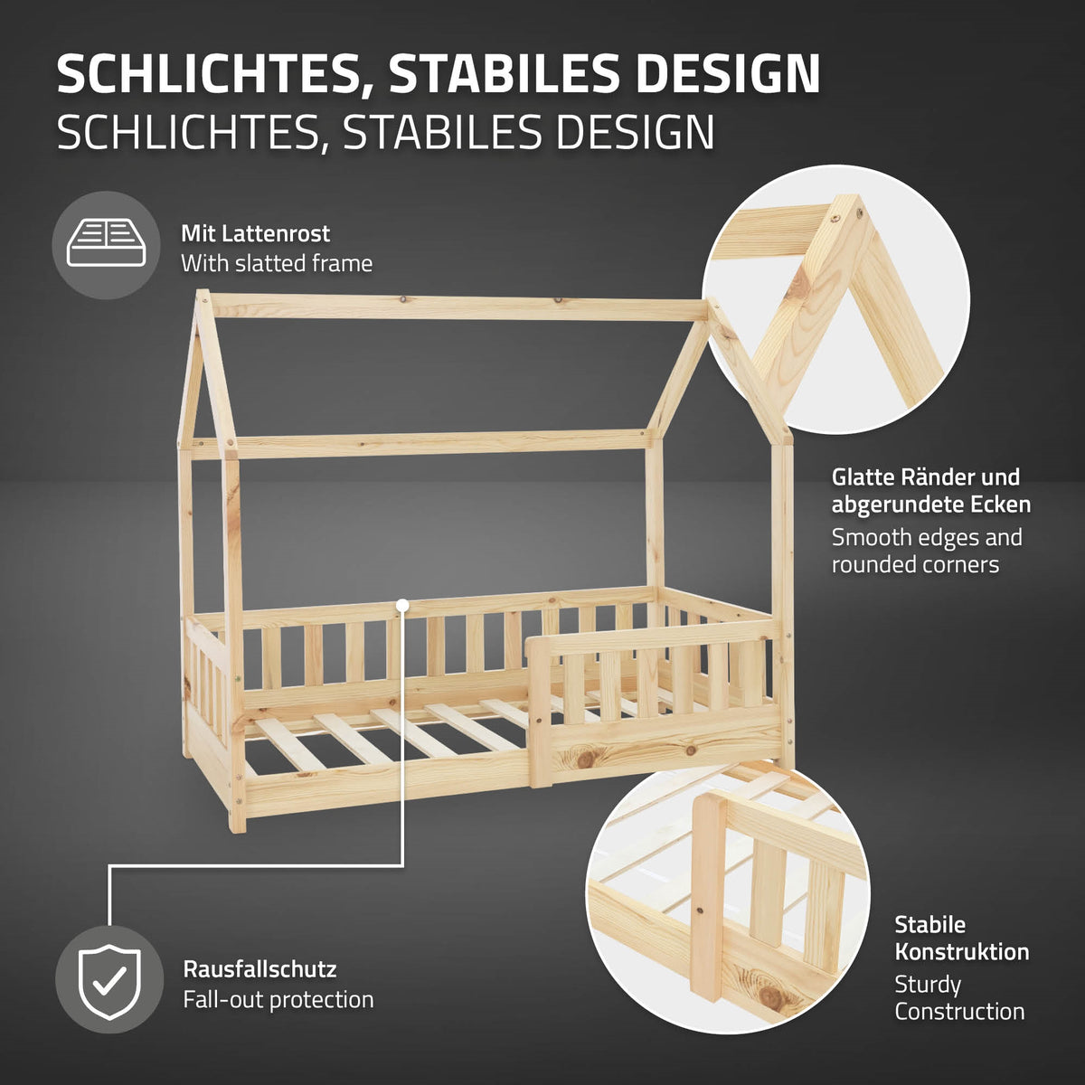 Houten bed met dak, lattenbodem, gladde randen, valbeveiliging.