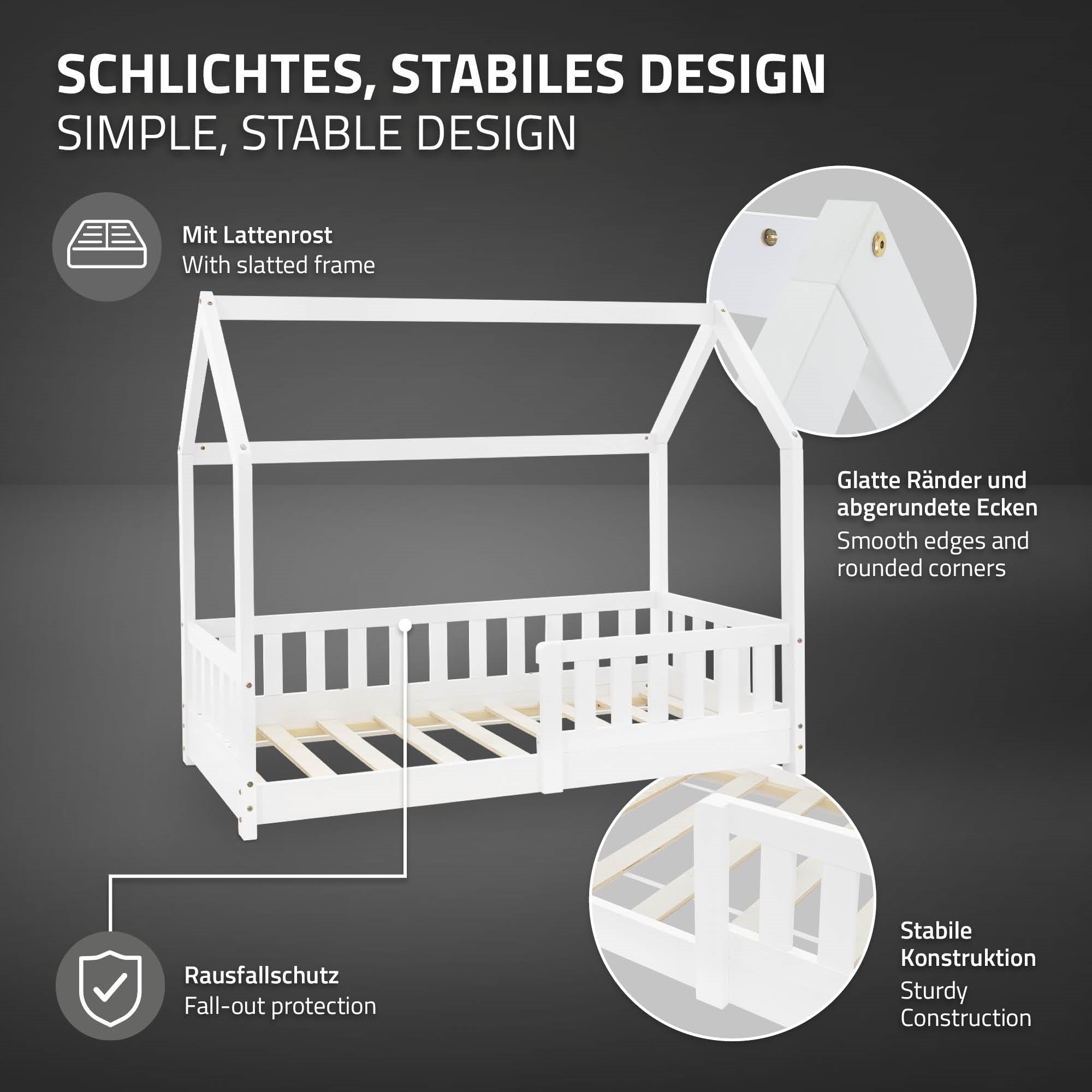 Weißes Bett mit Dach, slatted frame, Rausfallschutz, abgerundete Ecken.