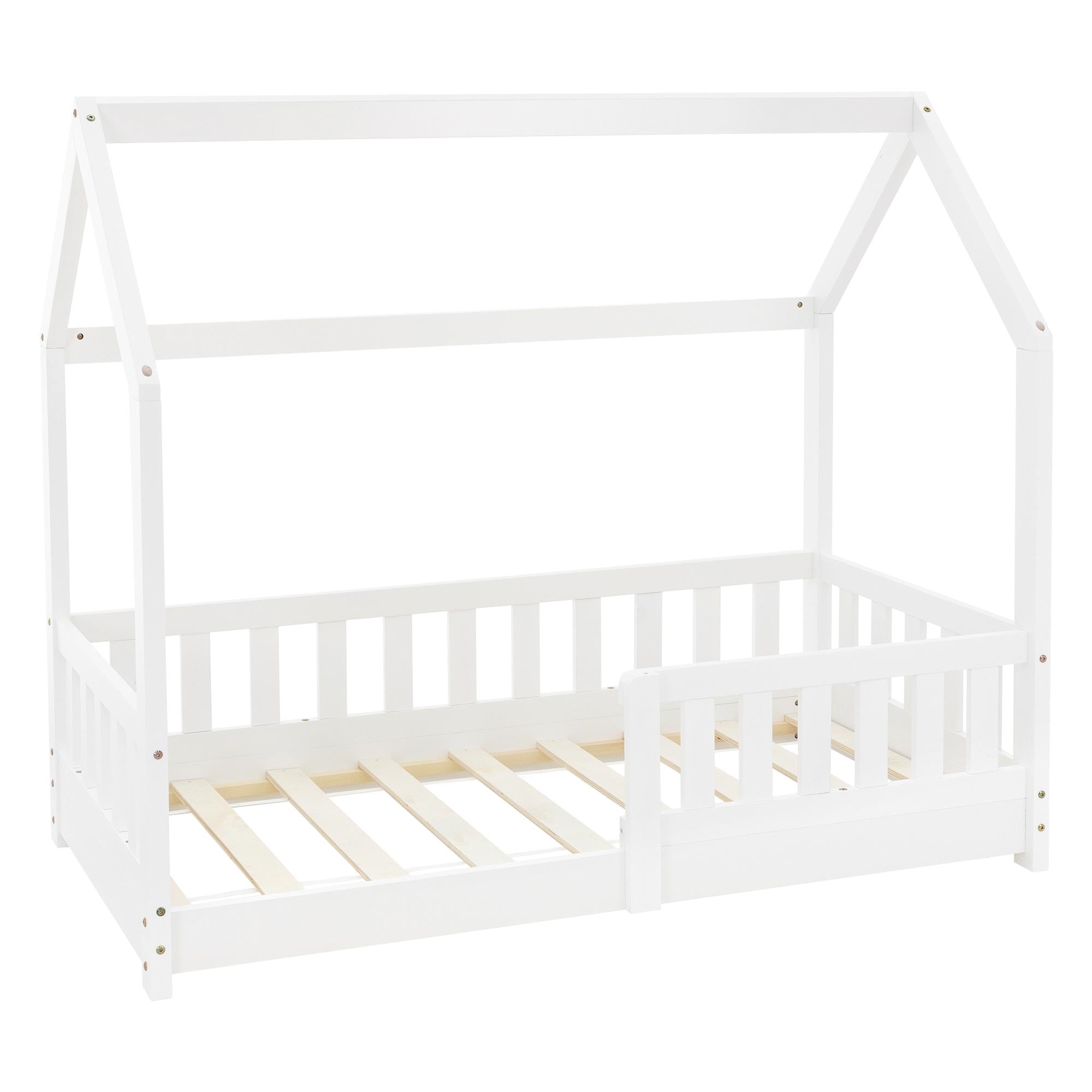 Weißes Holz-Kinderbett mit einem offenen Design und slatted frame.