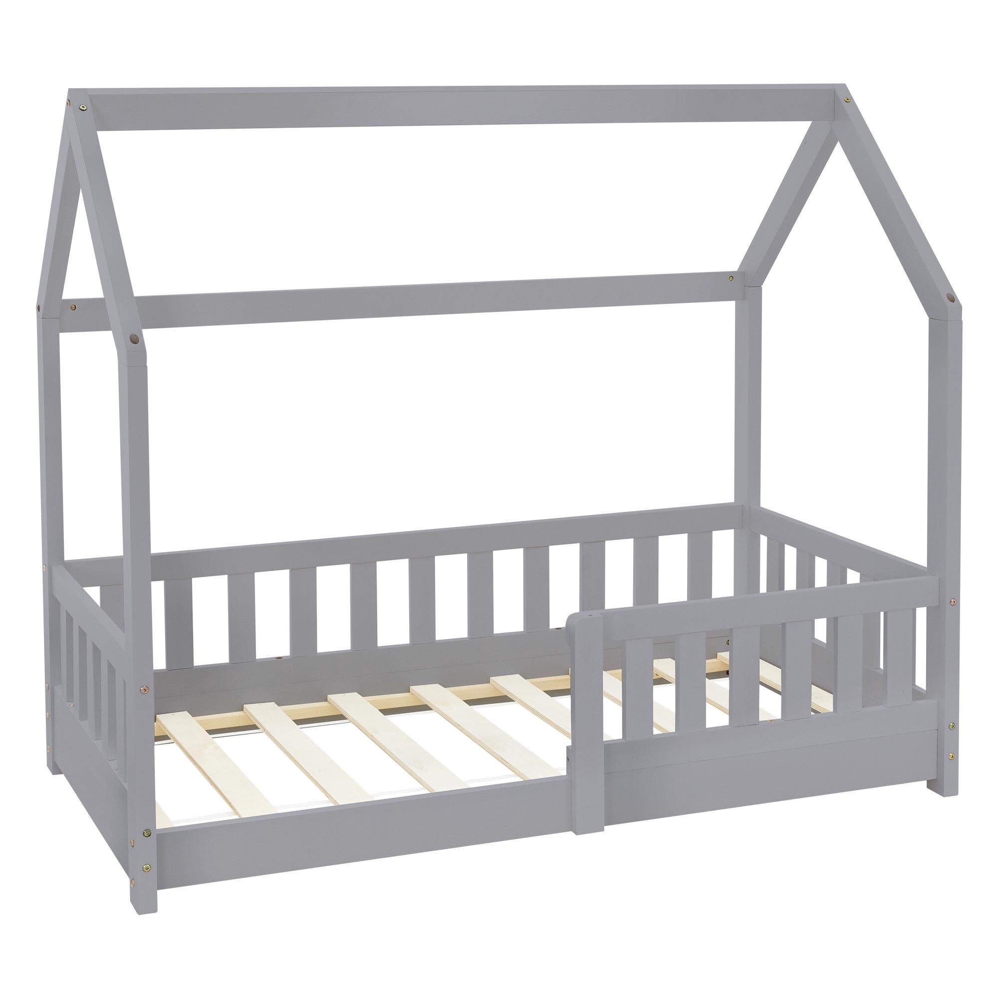 Graues Holz-Kinderbett mit Dachkonstruktion und Lattenrost.