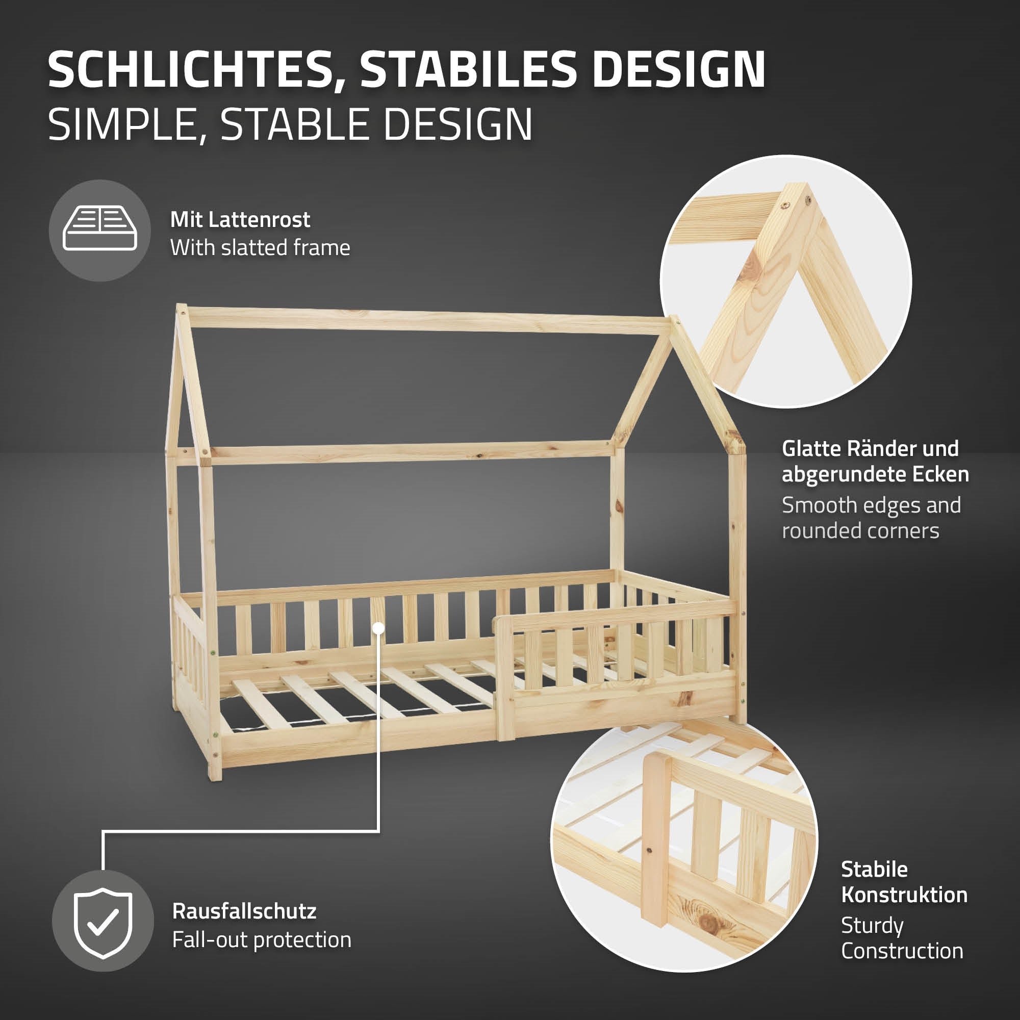 Holz-Kinderbett mit Lattenschonung und stabiler Konstruktion.