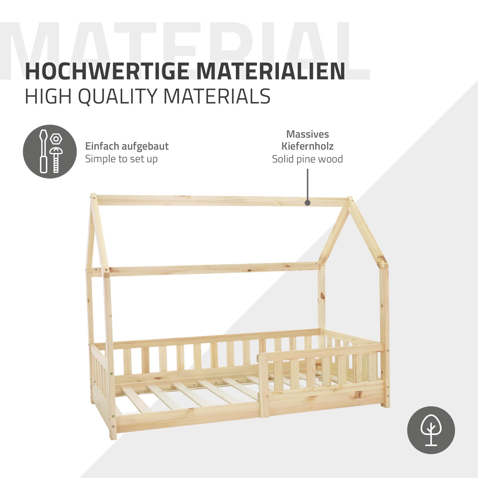 Holz-Kinderbett aus Kiefernholz, einfach aufzubauen.
