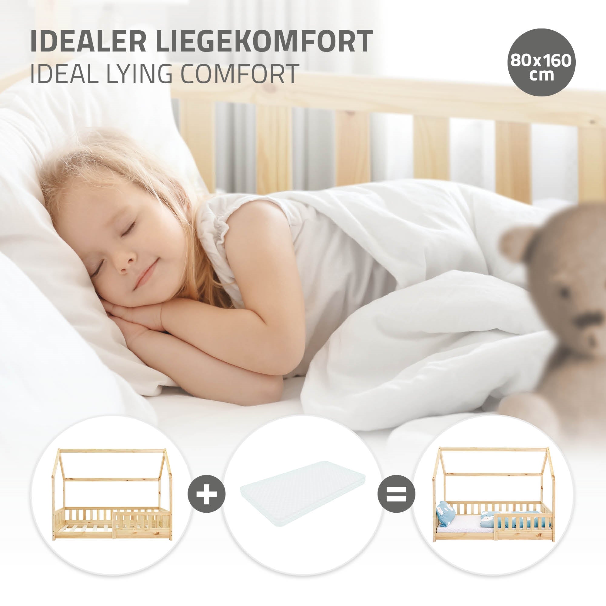 Schlafendes Kind in einem Bett mit einer Matratze und einer Decke.