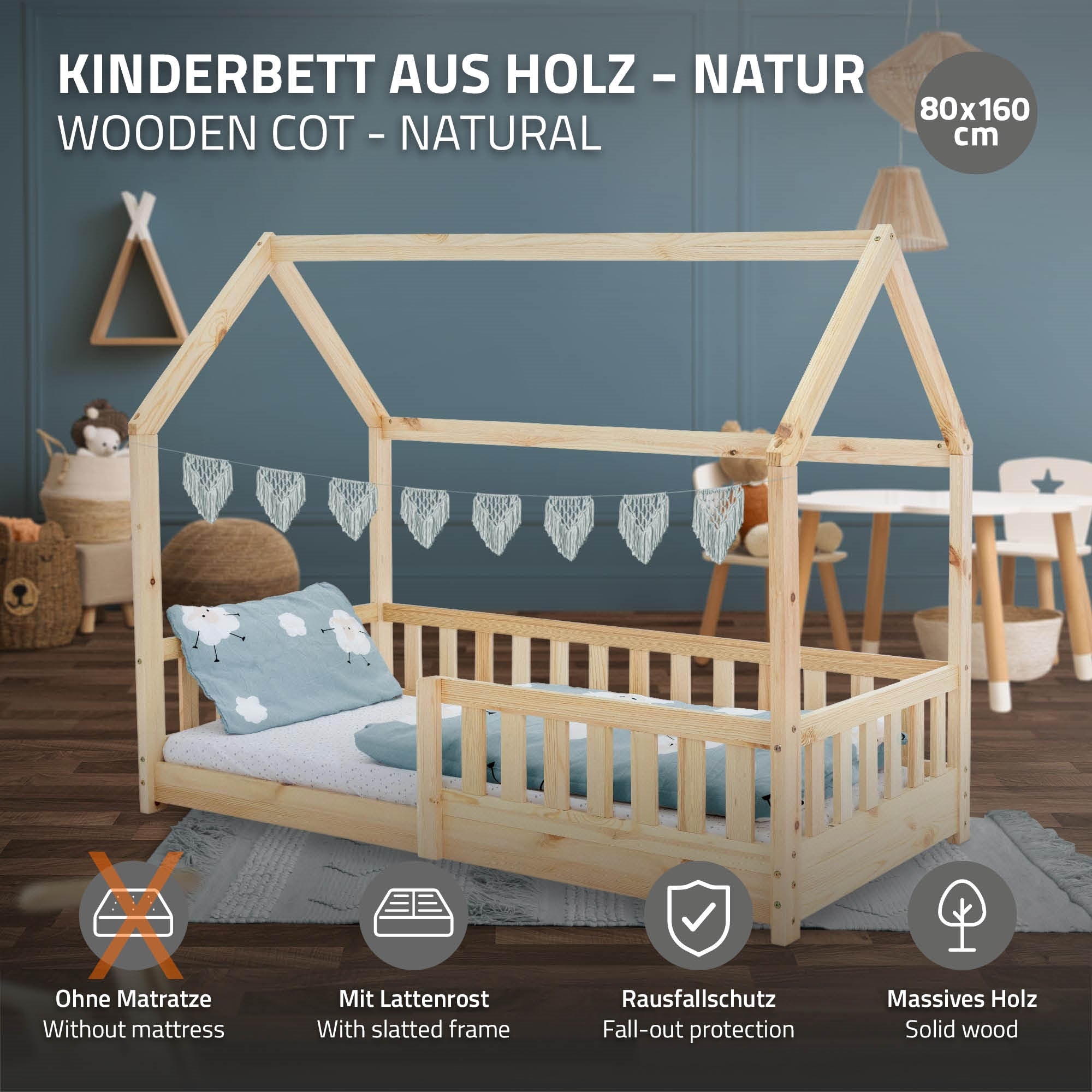 Natürliche Holzfarbe Kinderbett ohne Matratze und mit Rausfallschutz.