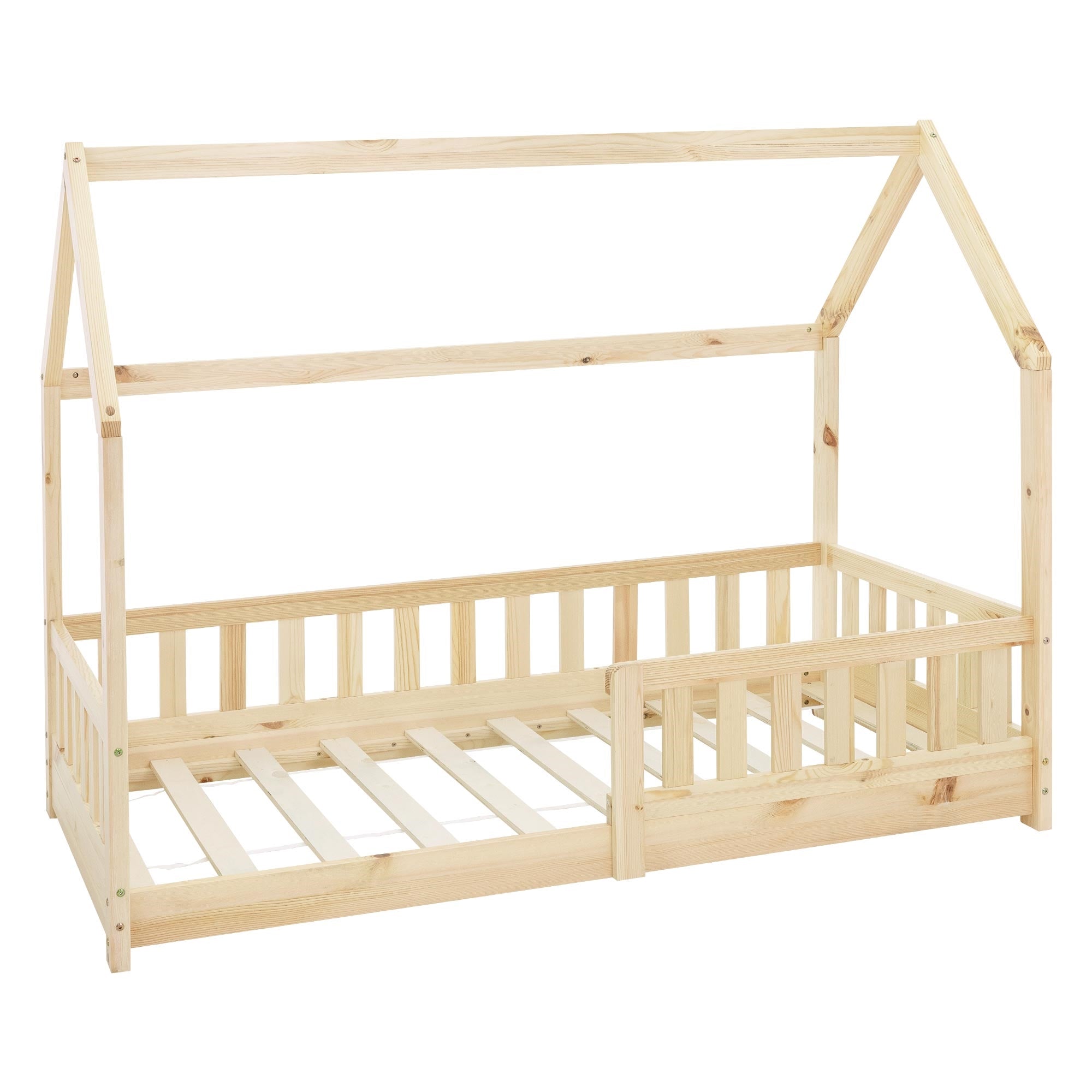 Holzfarbenes Bett mit Dach, slatted frame, offene Seiten, stabile Konstruktion.