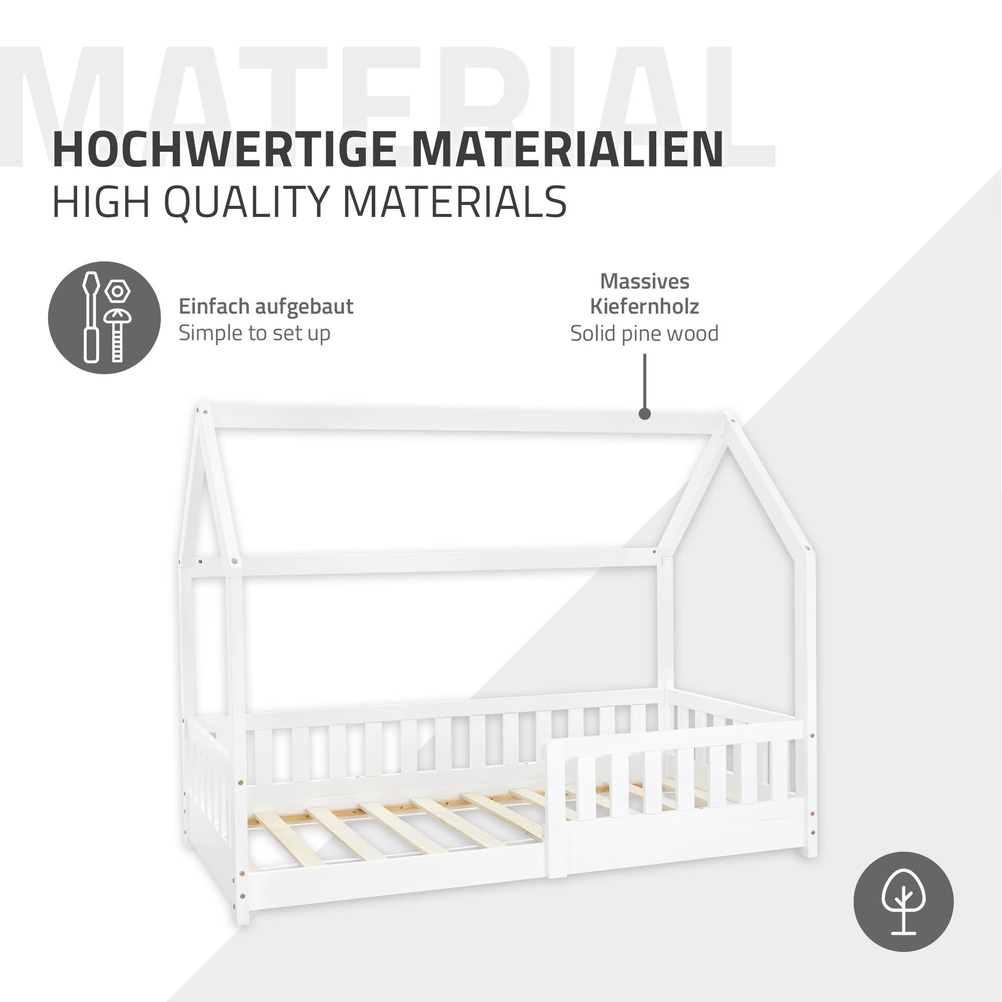 Lit d'enfant blanc en bois massif de pin avec instructions de montage simples.