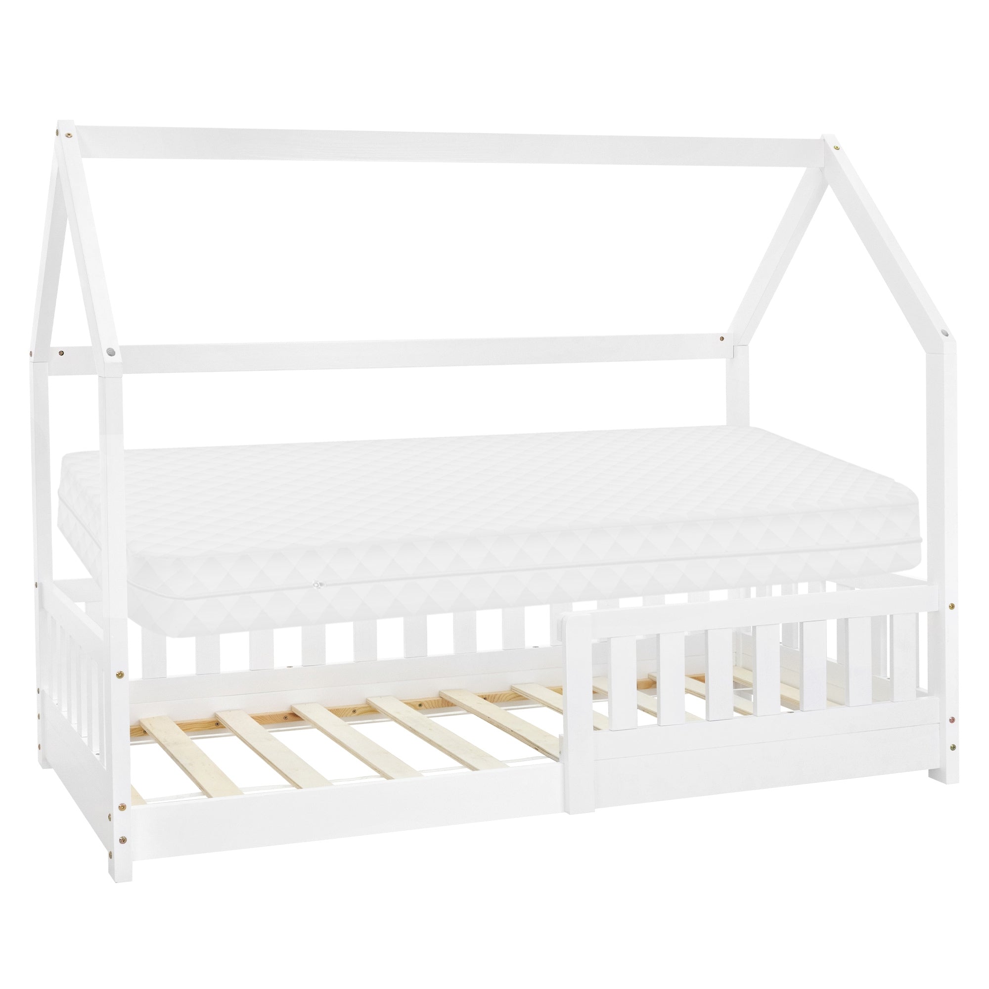 Cama blanca con colchón, estructura de techo, somier, protección lateral contra caídas.