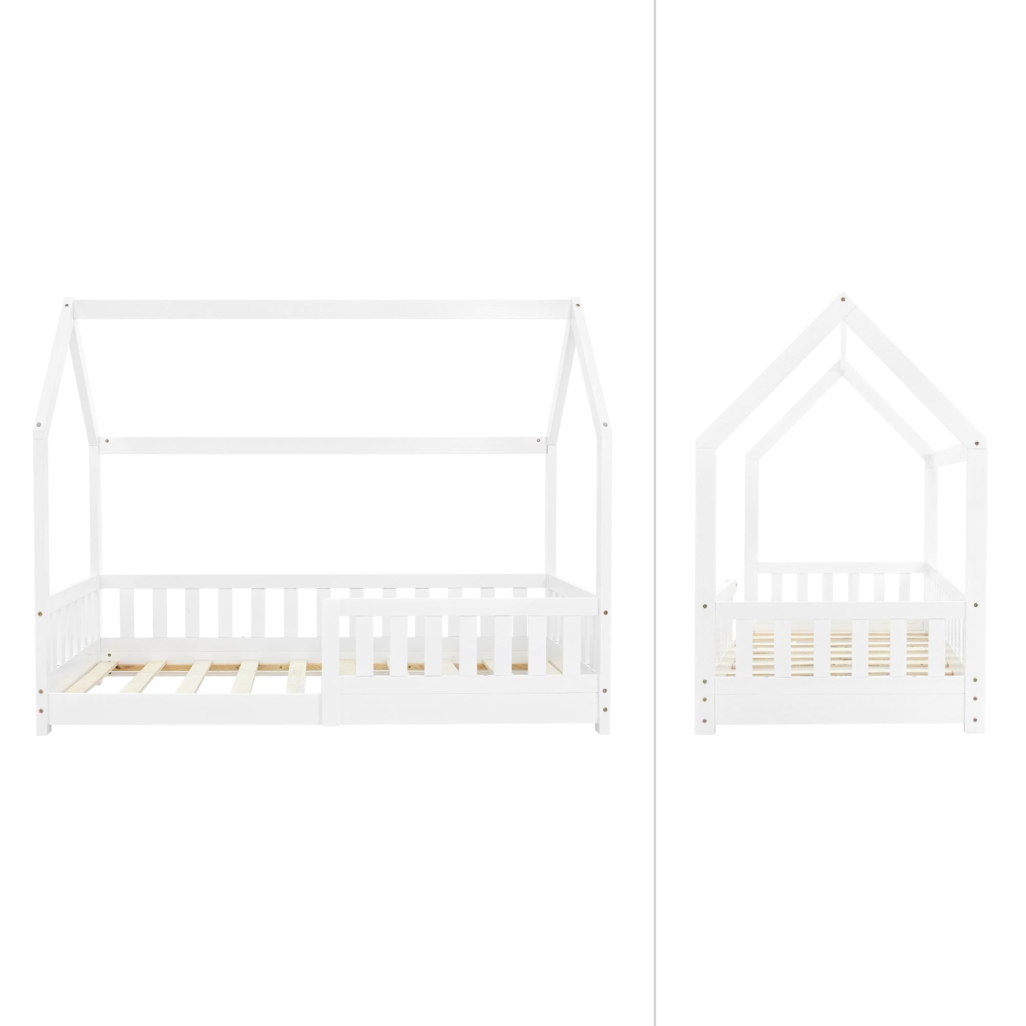 Weißes Kinderbett aus Holz, links ohne Matratze, rechts in kleinerer Größe.