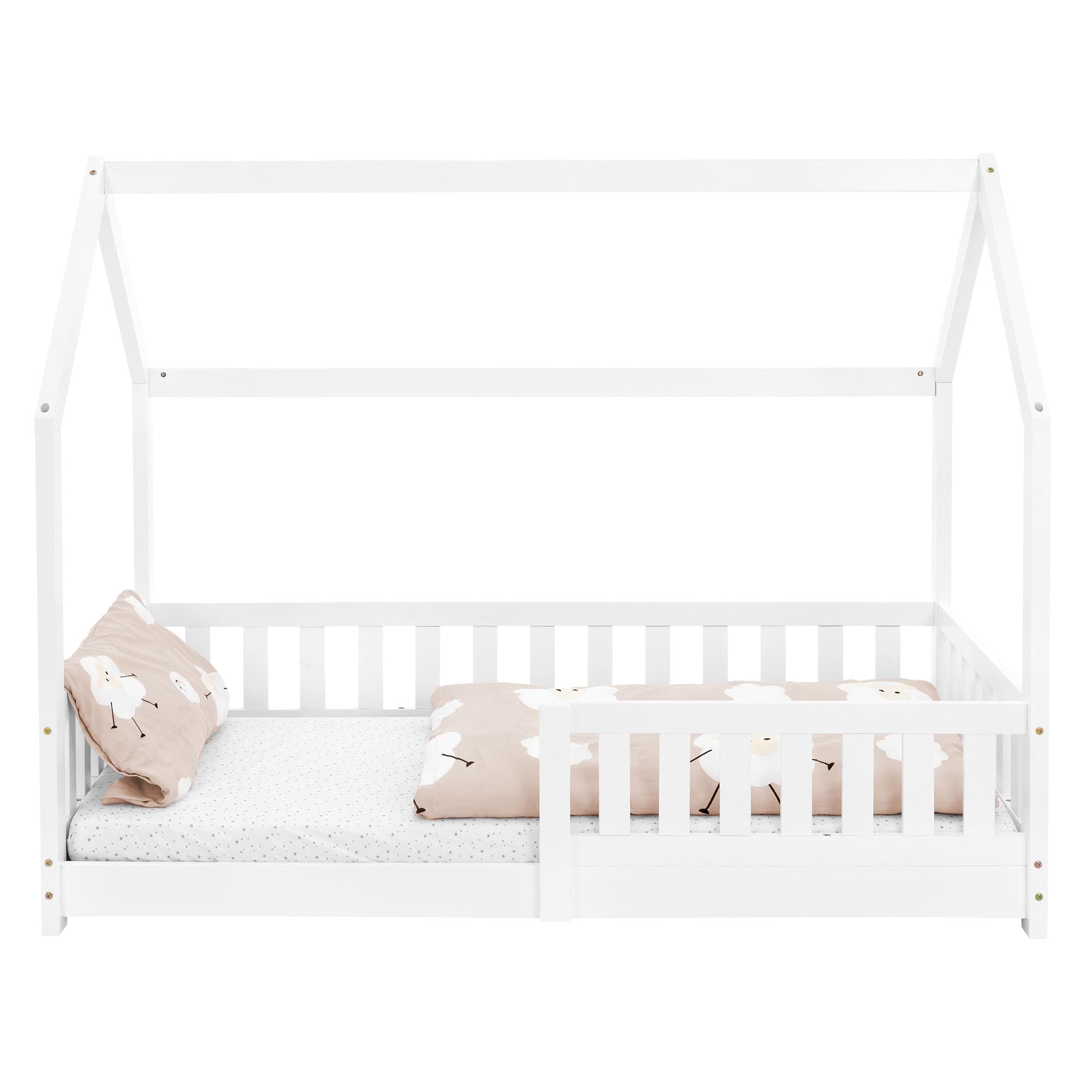 Weißes Kinderbett mit Dach, Kissen und Decke in Pastellfarben.
