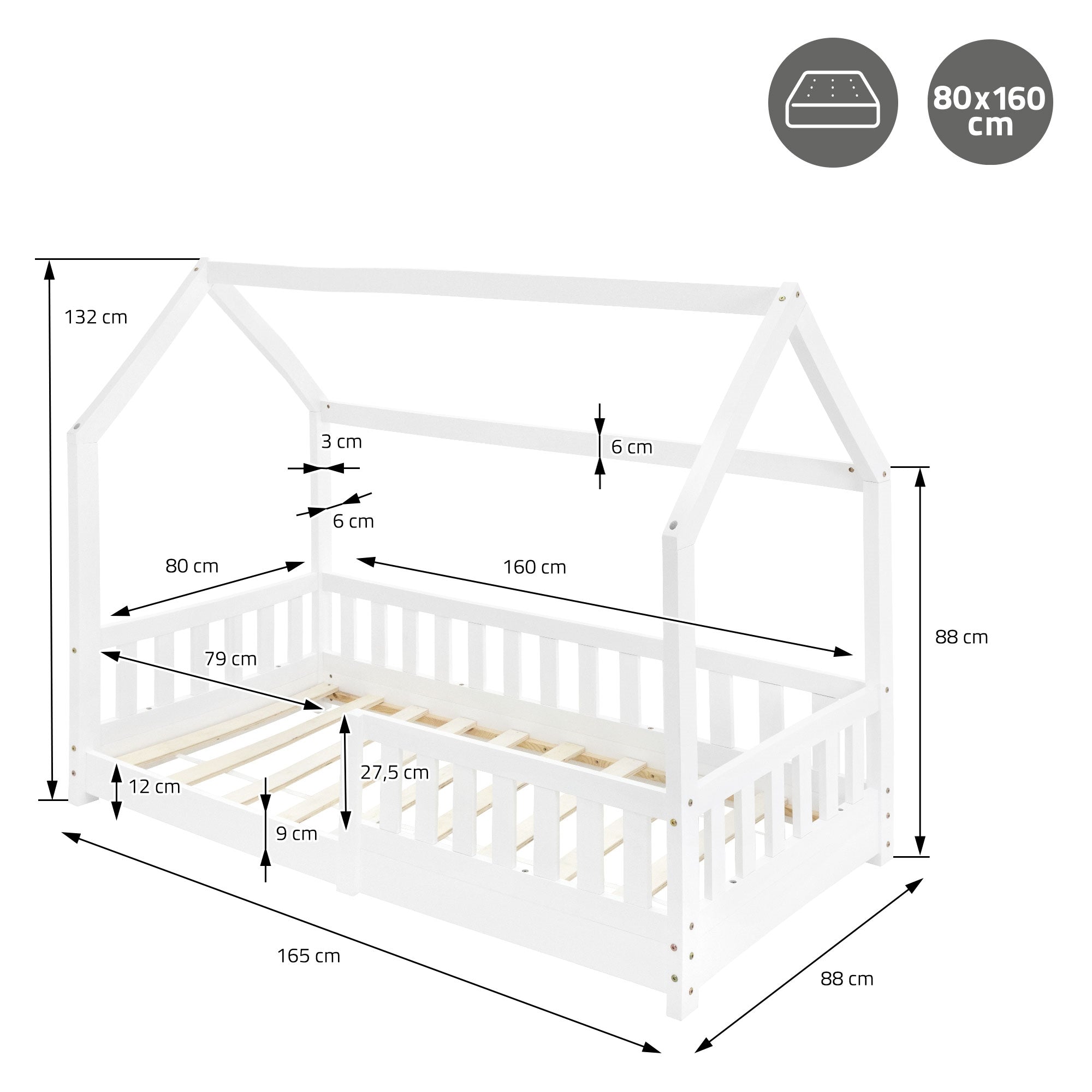 Disegno tecnico per un letto per bambini in legno bianco con dimensioni.