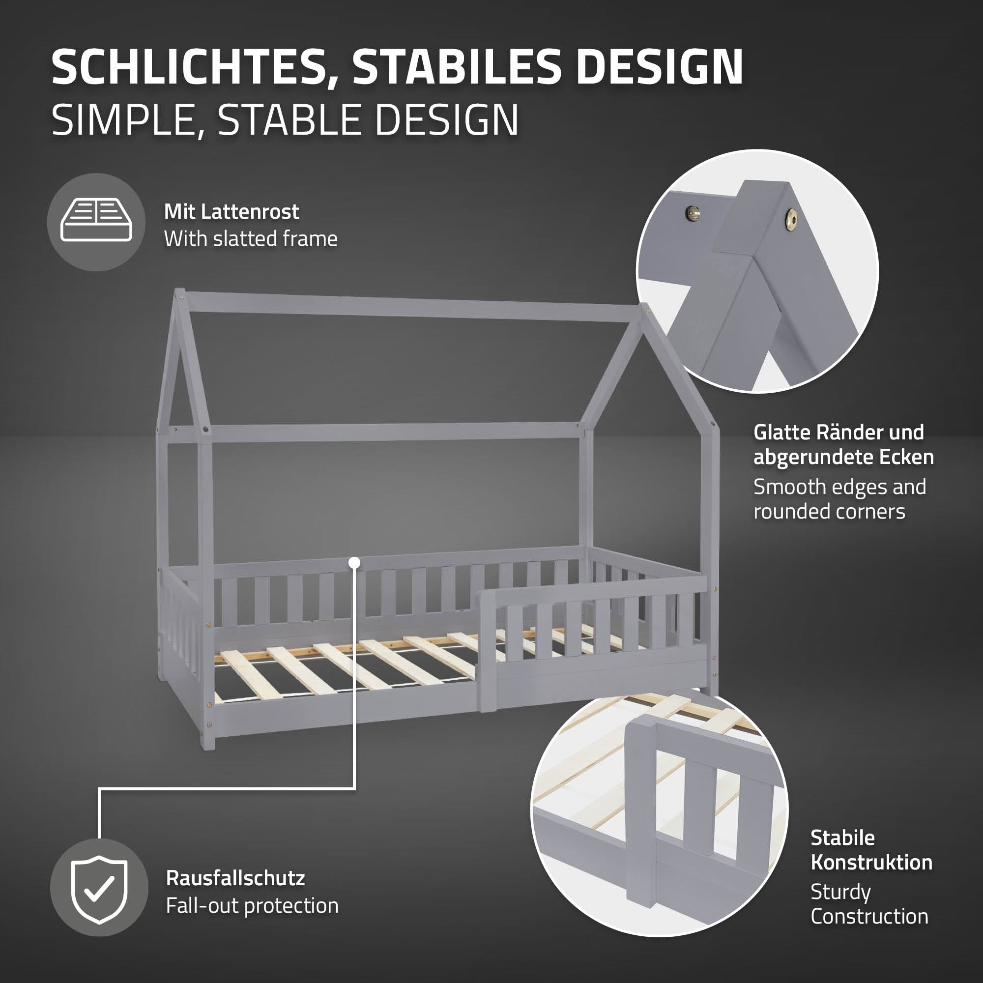 Graues Holzkinderbett mit slatted frame und Rausfallschutz.