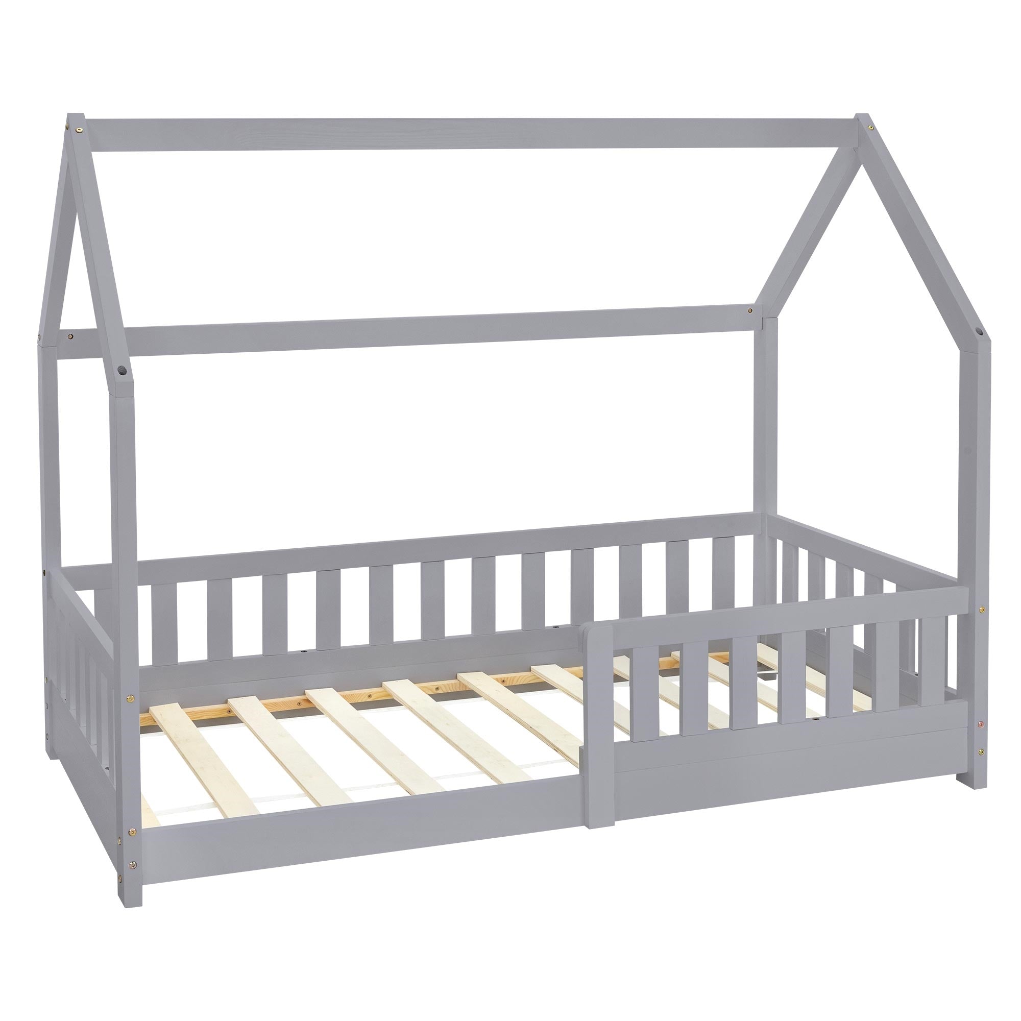 Graues Holzkinderbett mit Dach und Lattenrost, ohne Matratze.