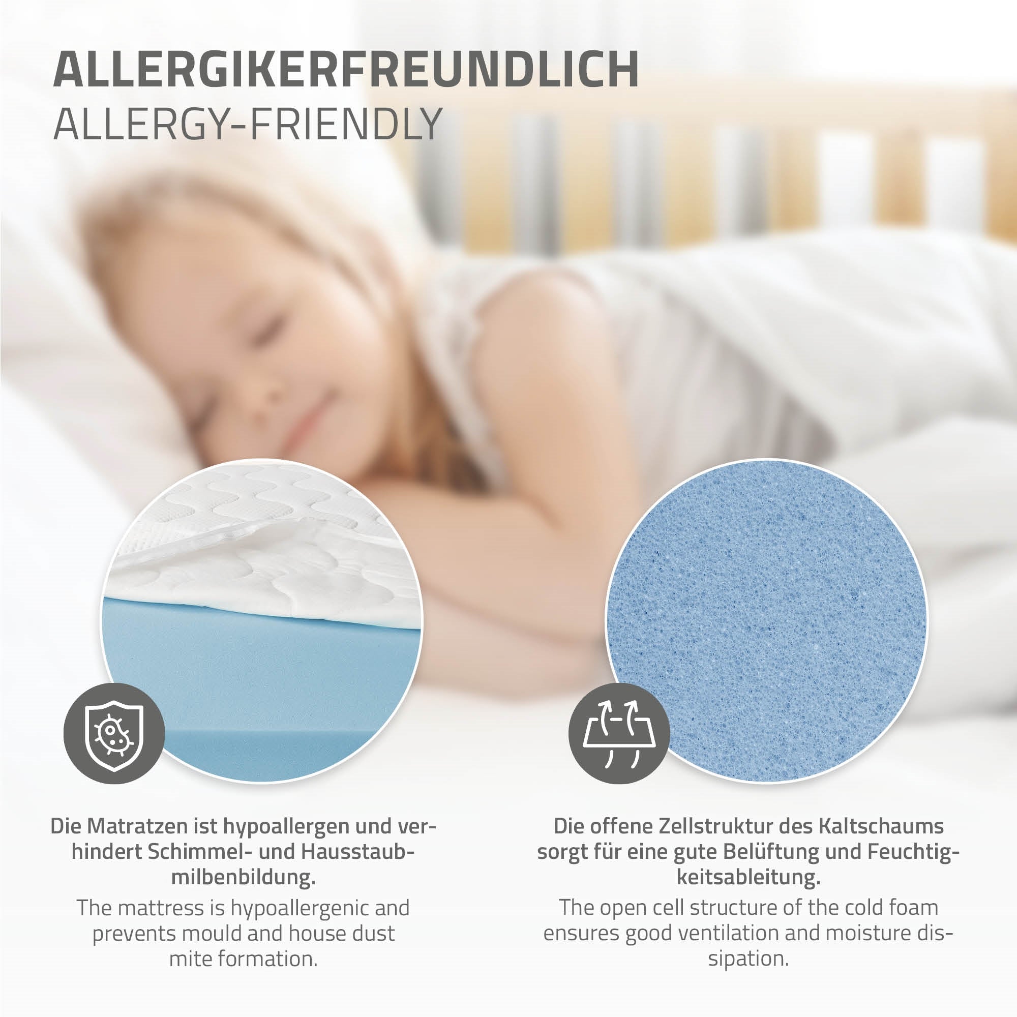 Nahaufnahme einer Matratze, die allergikerfreundlich ist.
