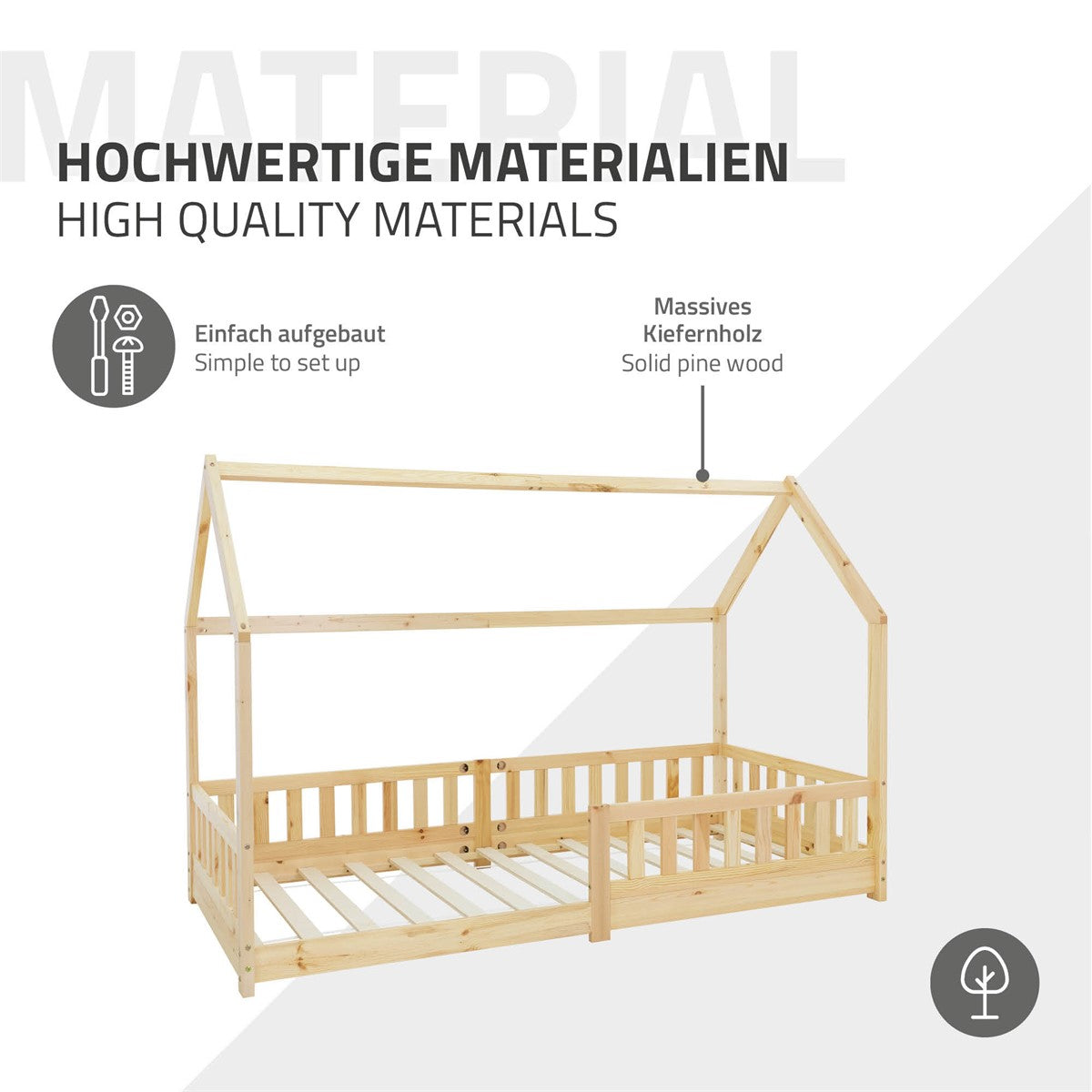 Holz-Kinderbett mit Dach, 90x200 cm, aus massivem Holz.