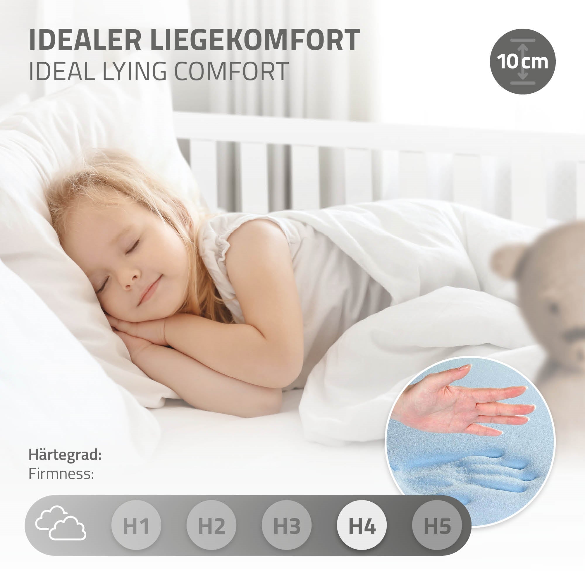 Schlafendes Kind in einem Bett mit Informationen zu Liegekomfort.
