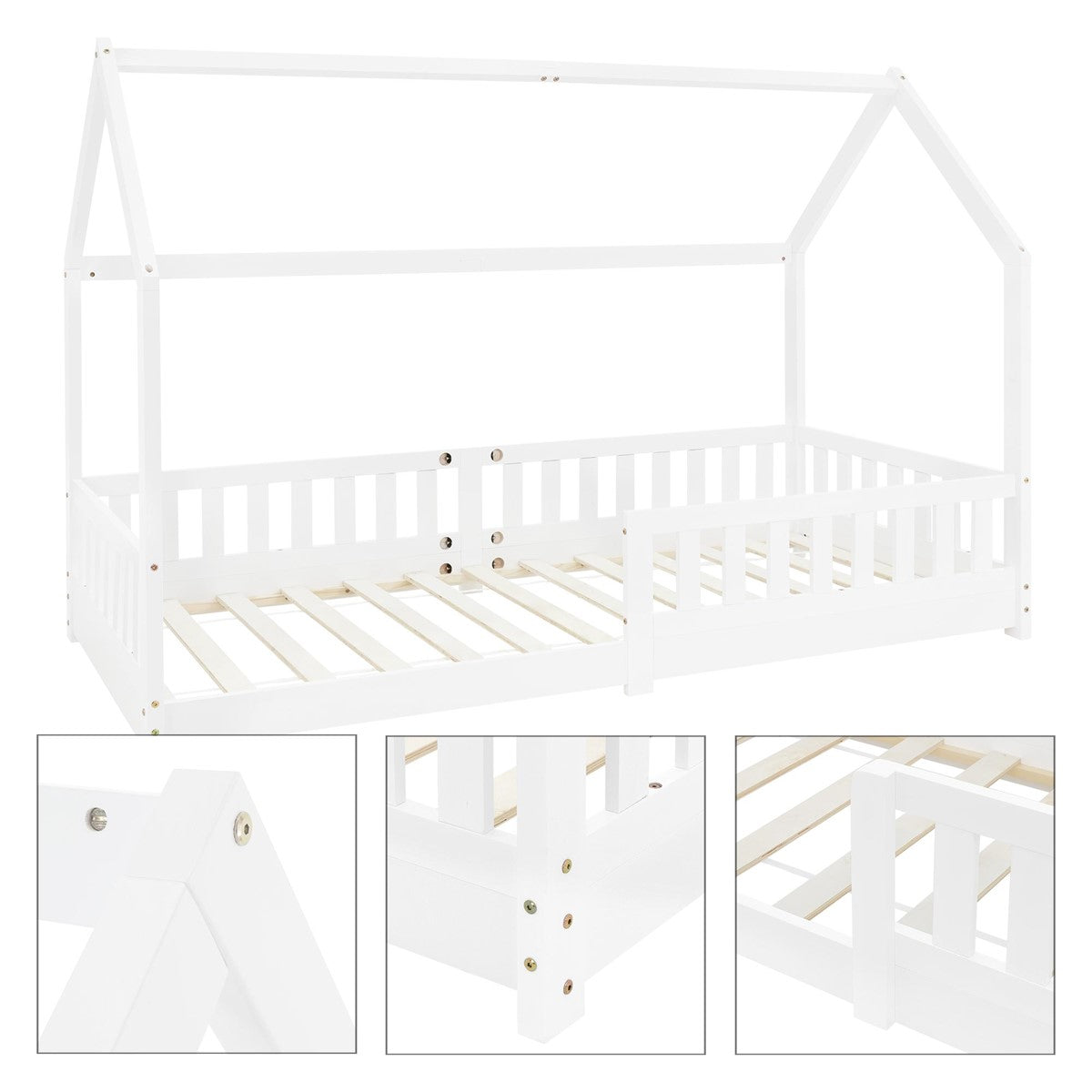 Weißes Kinderbett im Hausdesign ohne Matratze.