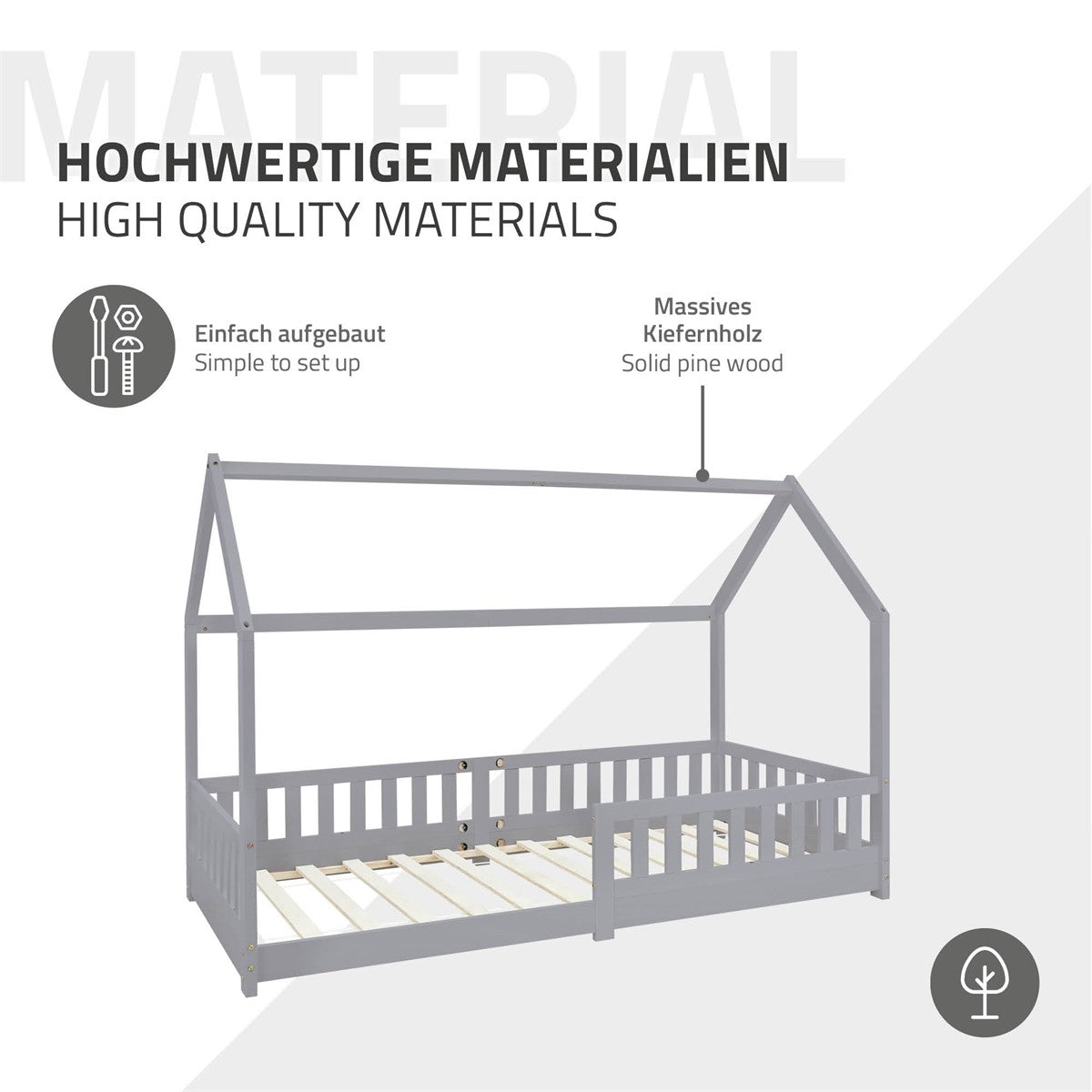 Grafik med oplysninger om materialer af høj kvalitet til en seng.