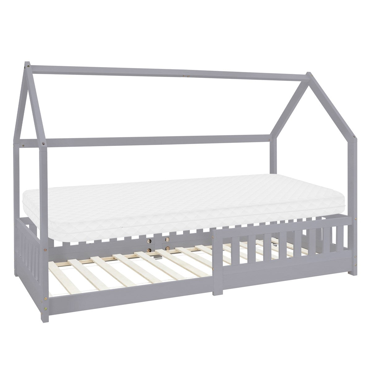 Ein graues Bett mit Dachform und Matratze, darunter ein Bettgestell mit Lattenrost.