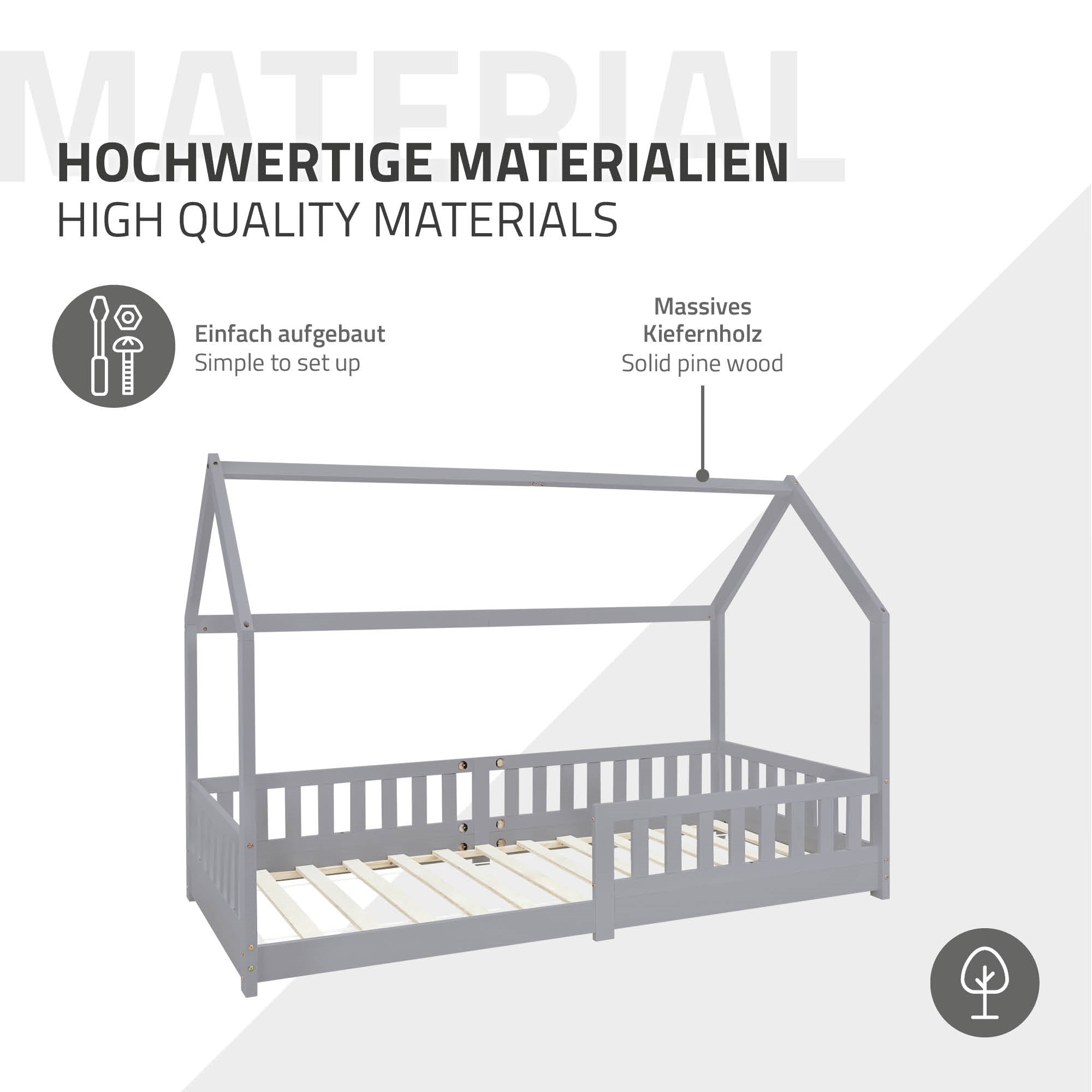 Ein Kinderbett aus Holz mit einer Anleitung zum einfachen Aufbau.