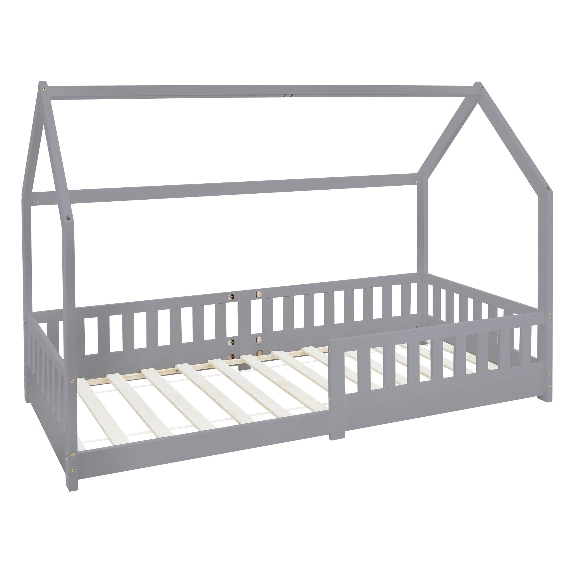 Grau lackiertes Kinderbett im Hausdesign ohne Matratze.