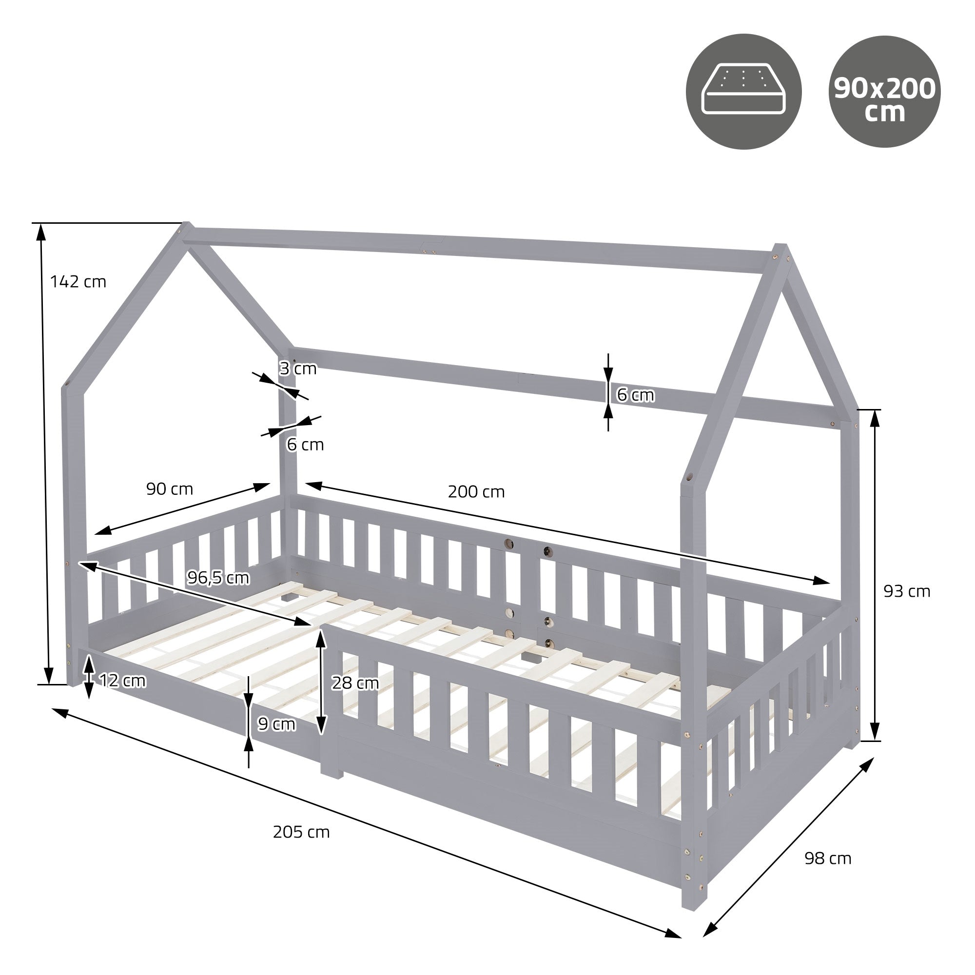Bedframe in grijs, 90x200 cm, met afmetingen en details over de constructie.