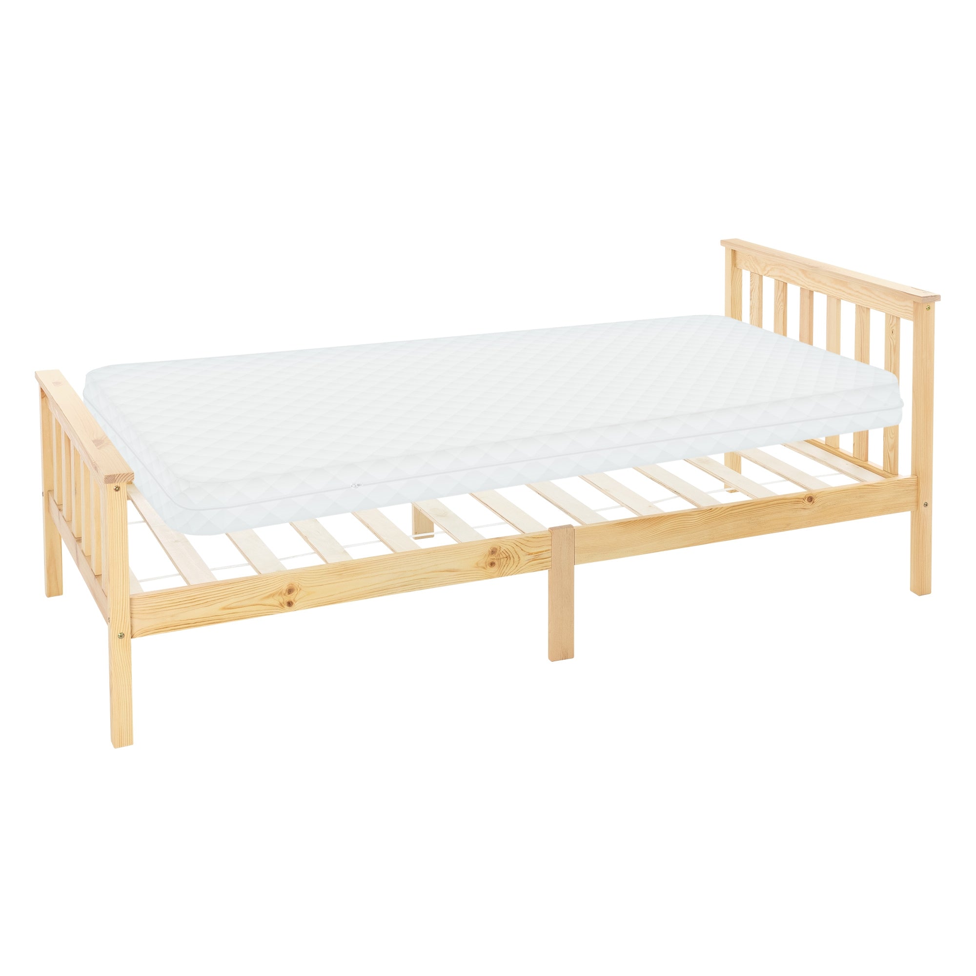 Cama individual de madera con colchón, somier visible.