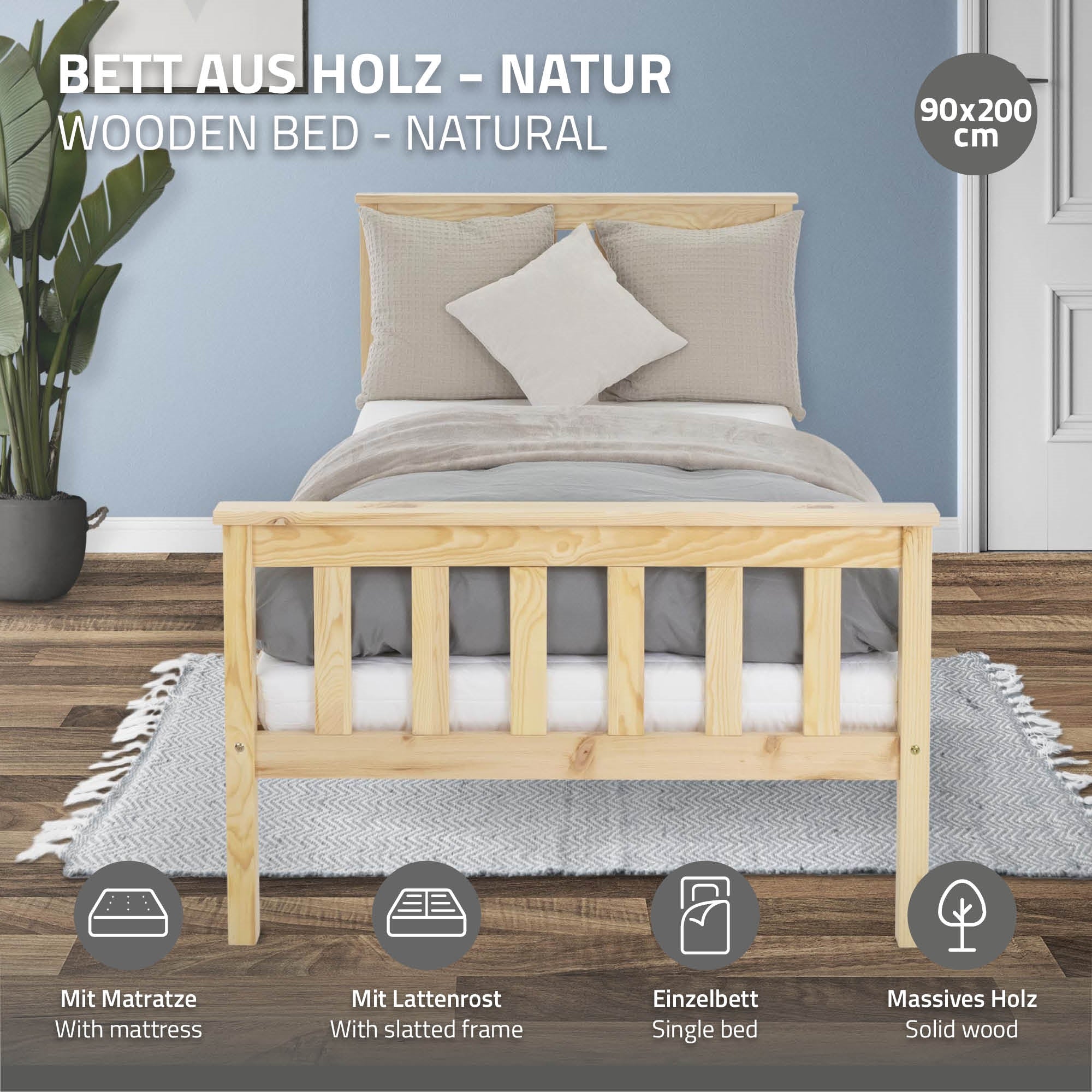 Holzbett mit Matratze, Kissen und Bettwäsche in einem modernen Schlafzimmer.
