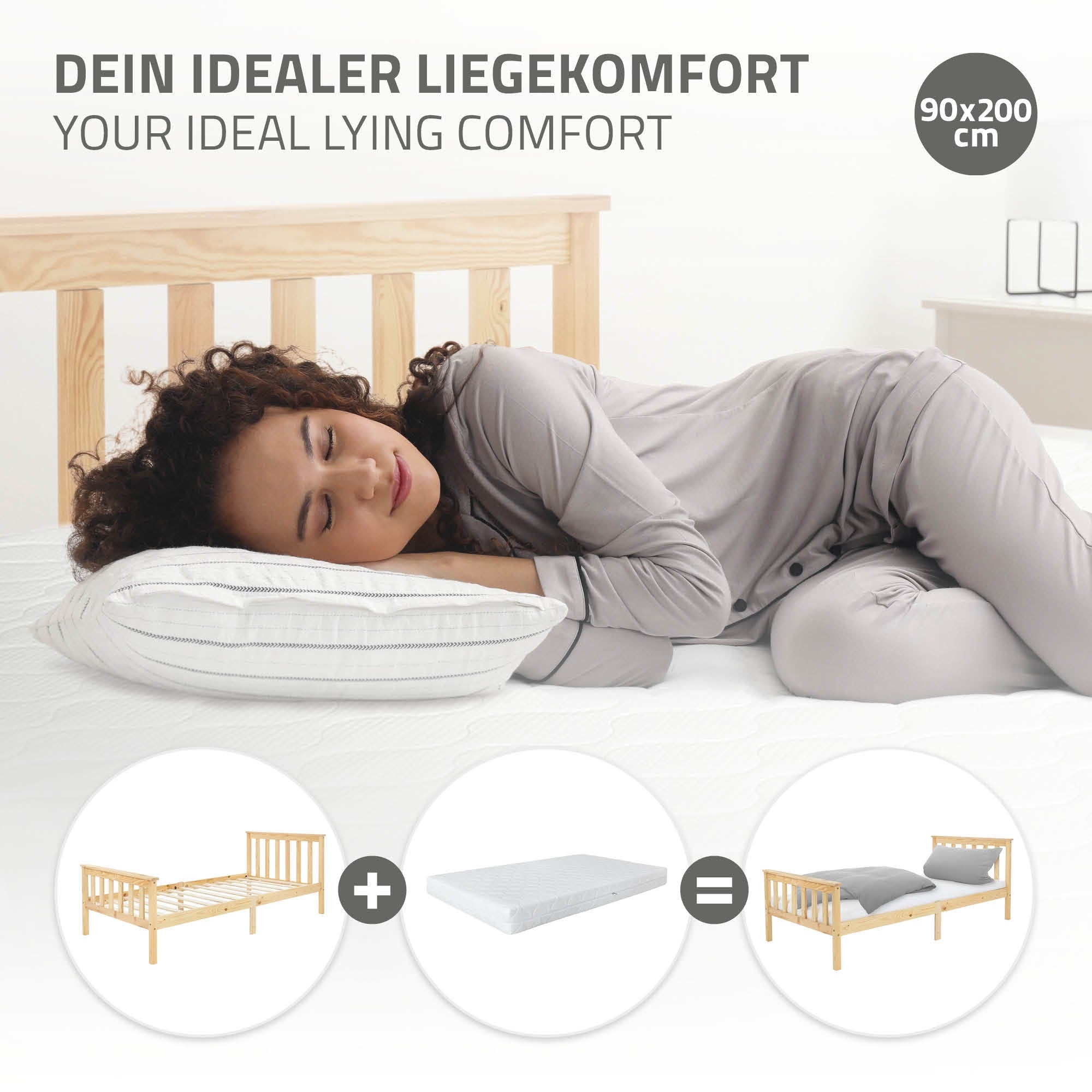 Person liegt auf einem Bett mit Kissen und Matratze, die für Komfort sorgen.