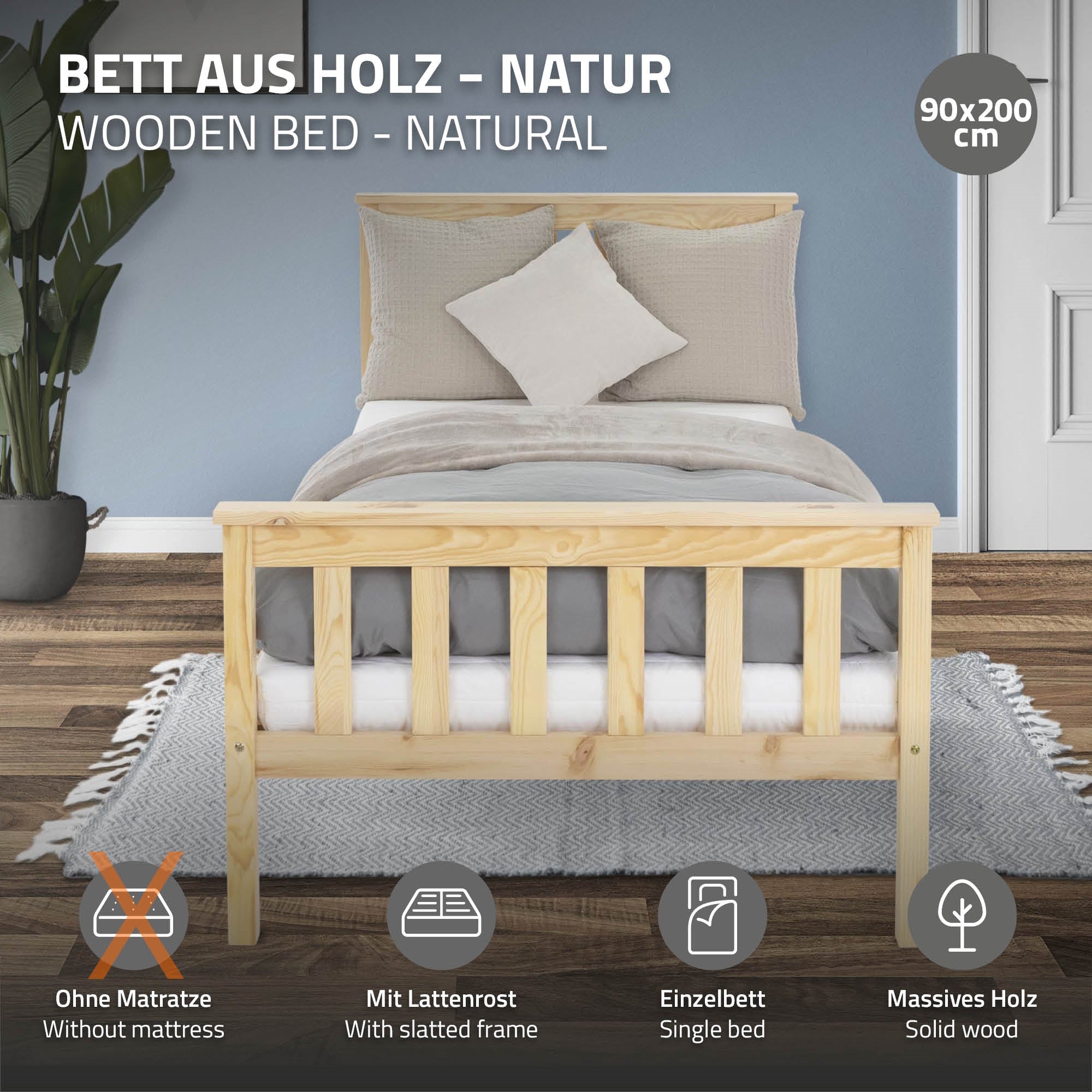 Letto in legno di tonalità naturale con cuscino e coperta, 90x200 cm.