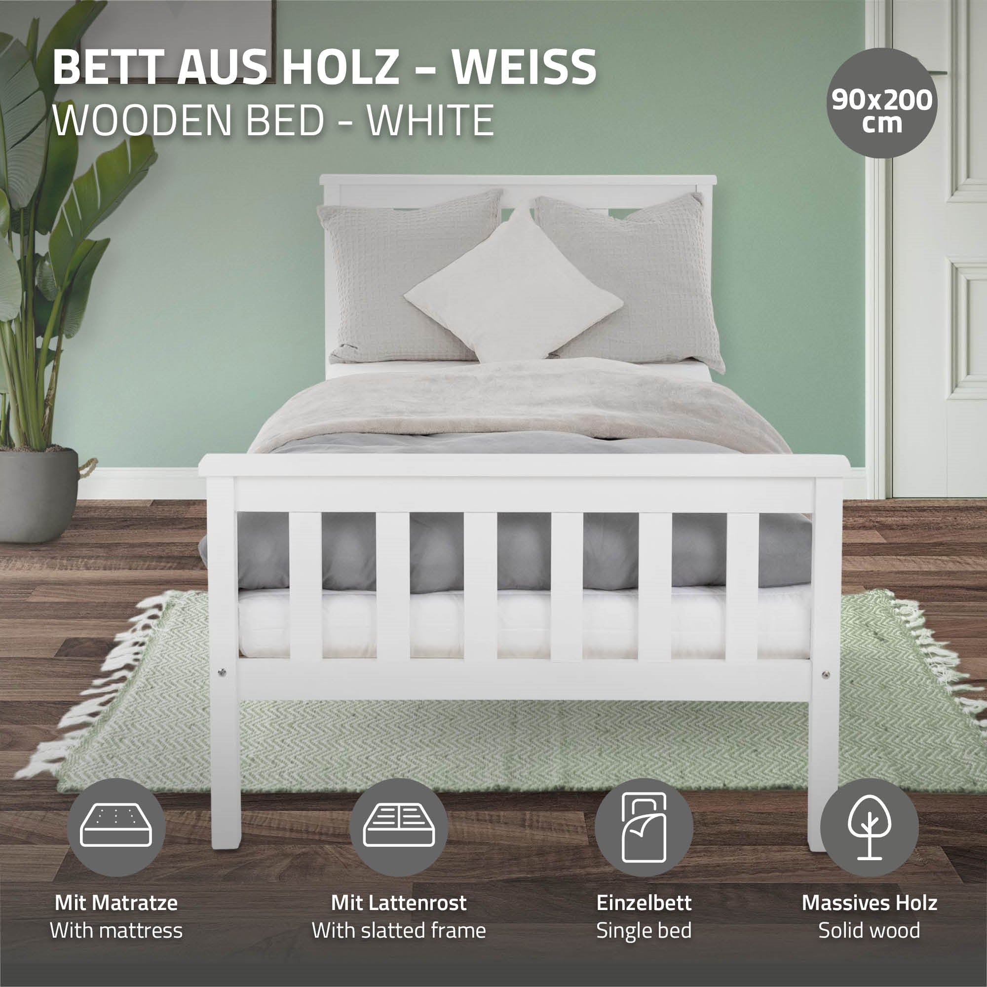 Weißes Holzbett mit Matratze, Kissen und Decke im Schlafzimmer.