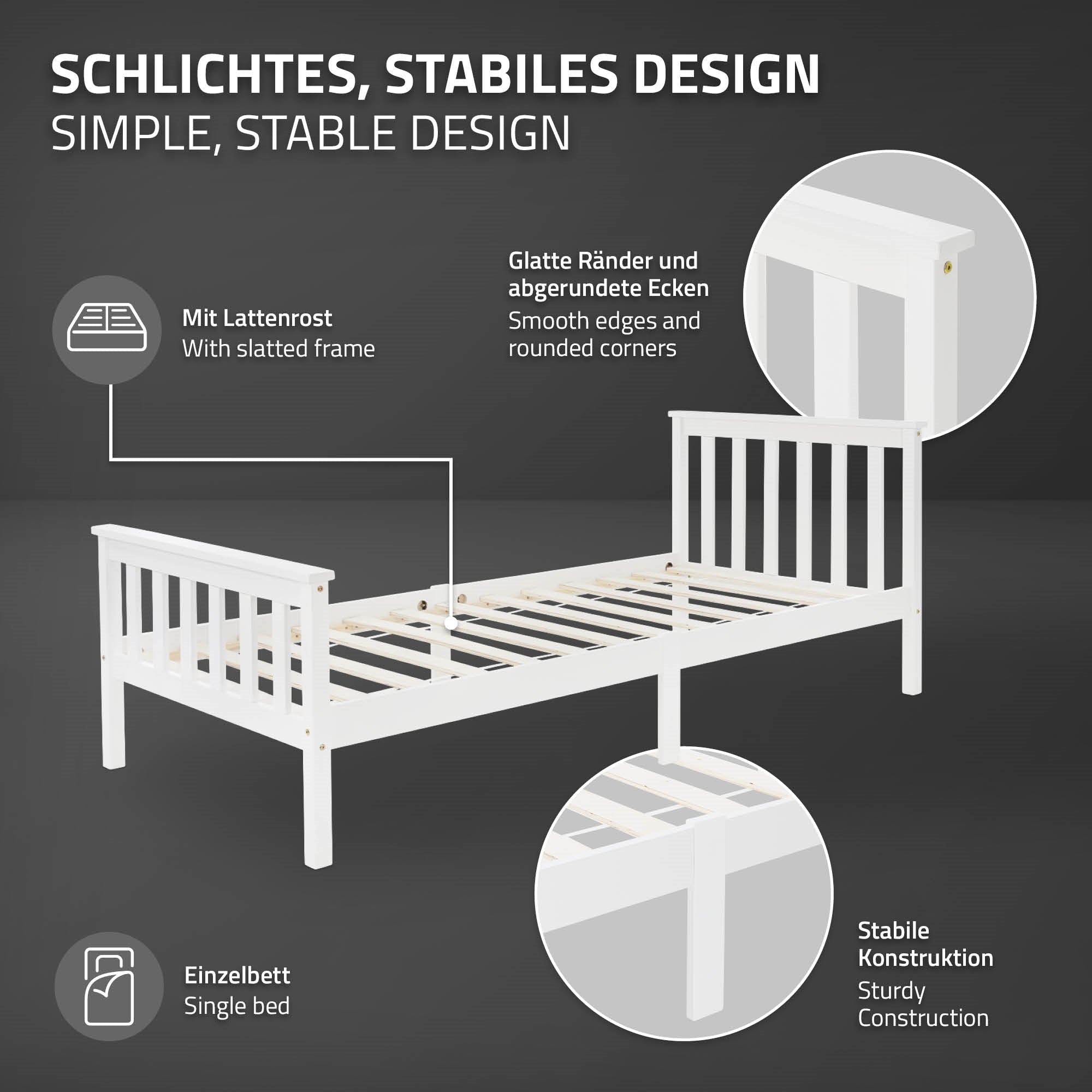 Grafik mit Informationen zu einem stabilen Bettdesign und seinen Eigenschaften.