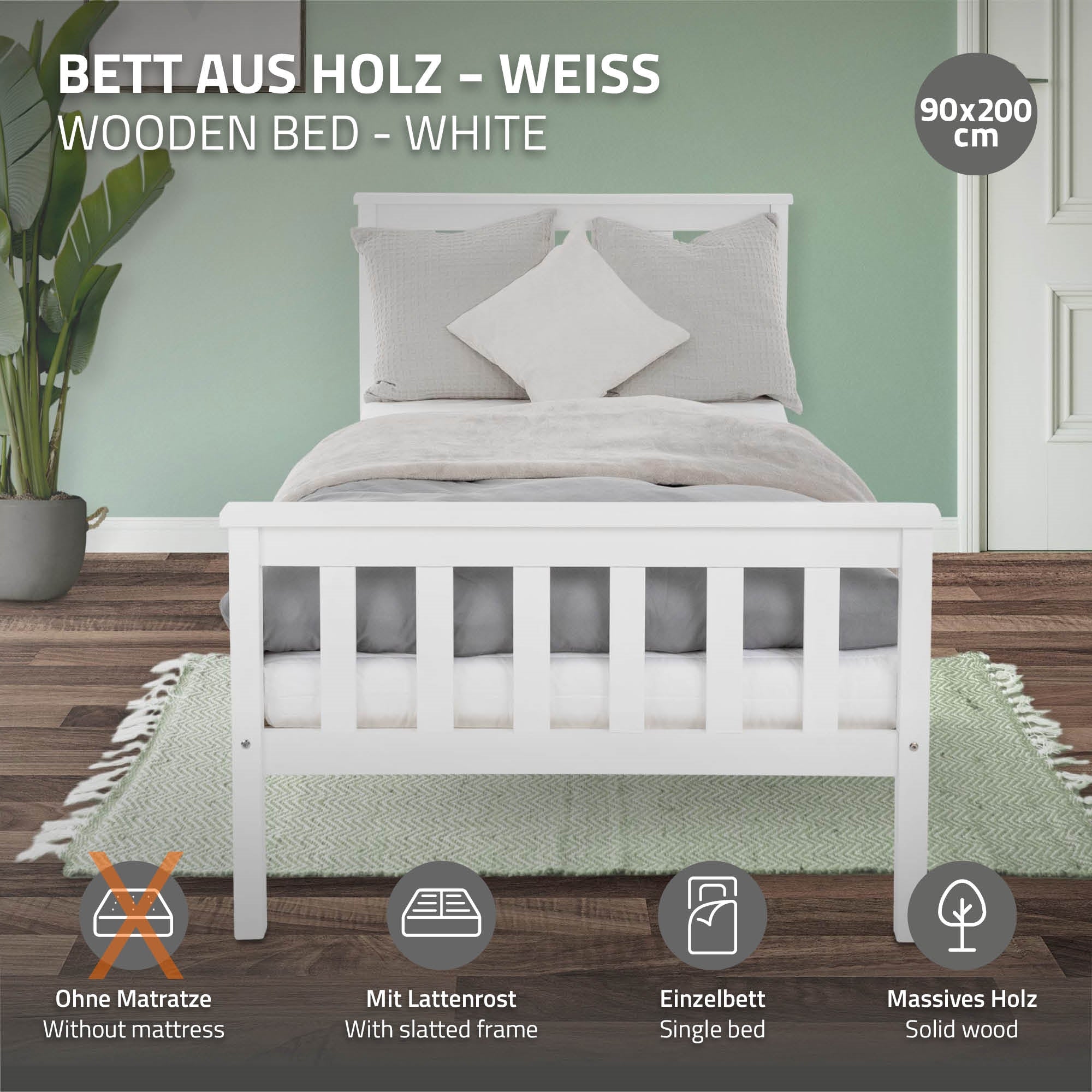 Weißes Holzbett mit Kissen und Decke im modernen Schlafzimmer.