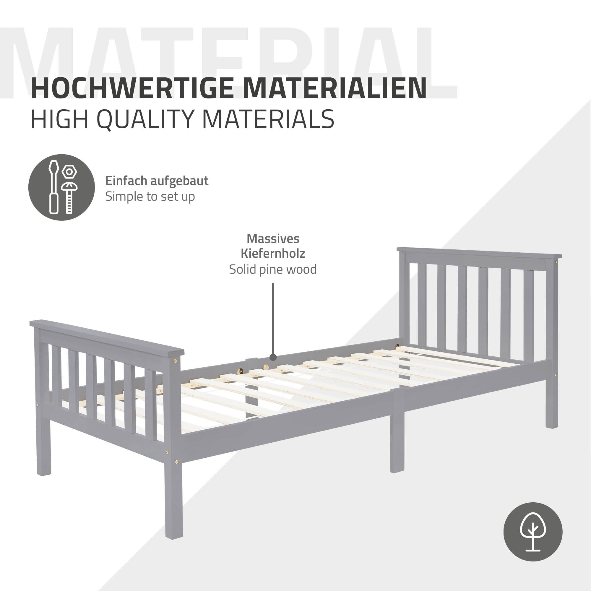 Ein graues Bett aus massivem Kiefernholz mit slatted frame und einfacher Montage.