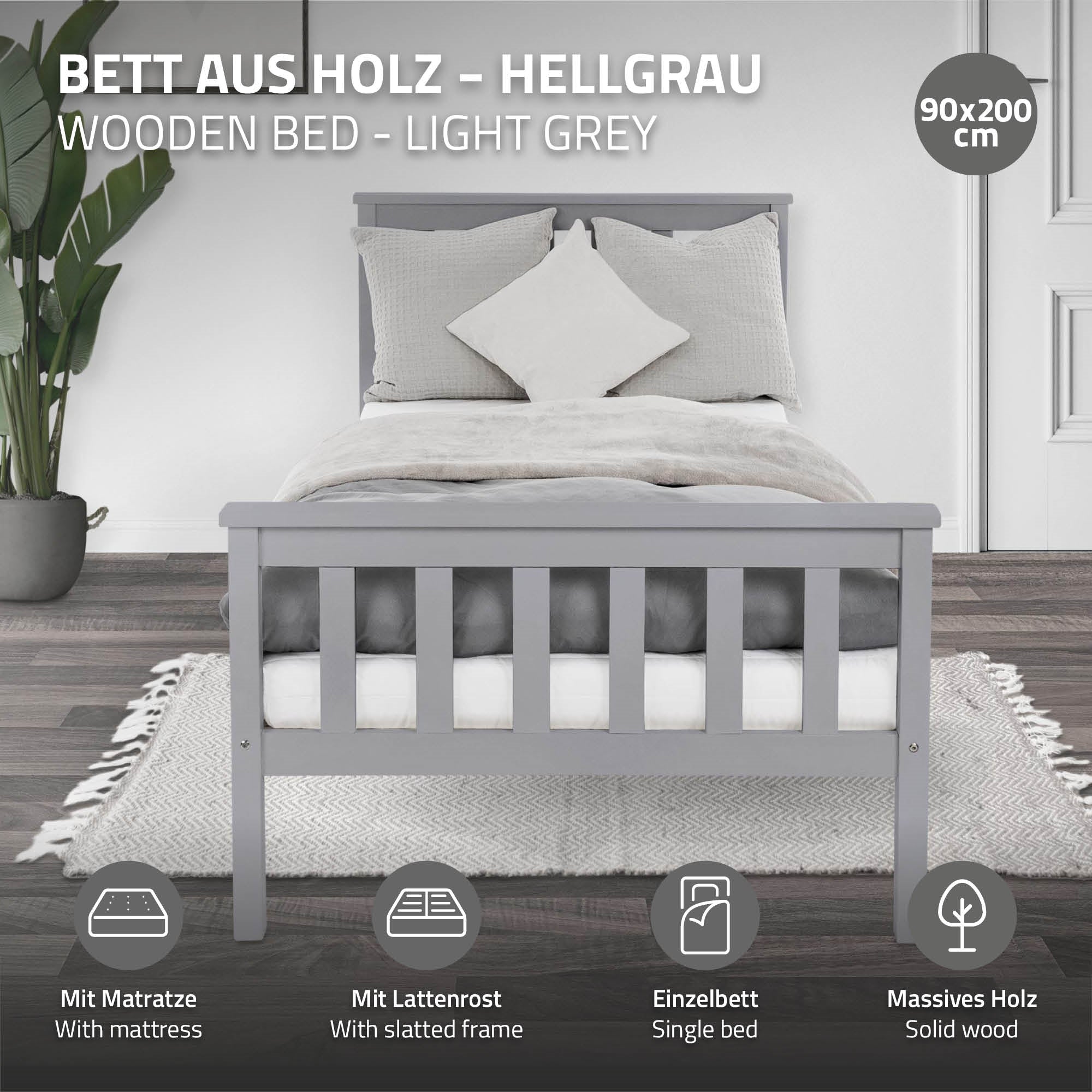 Holz-Bett in Hellgrau, 90x200 cm, mit Matratze und slatted frame.