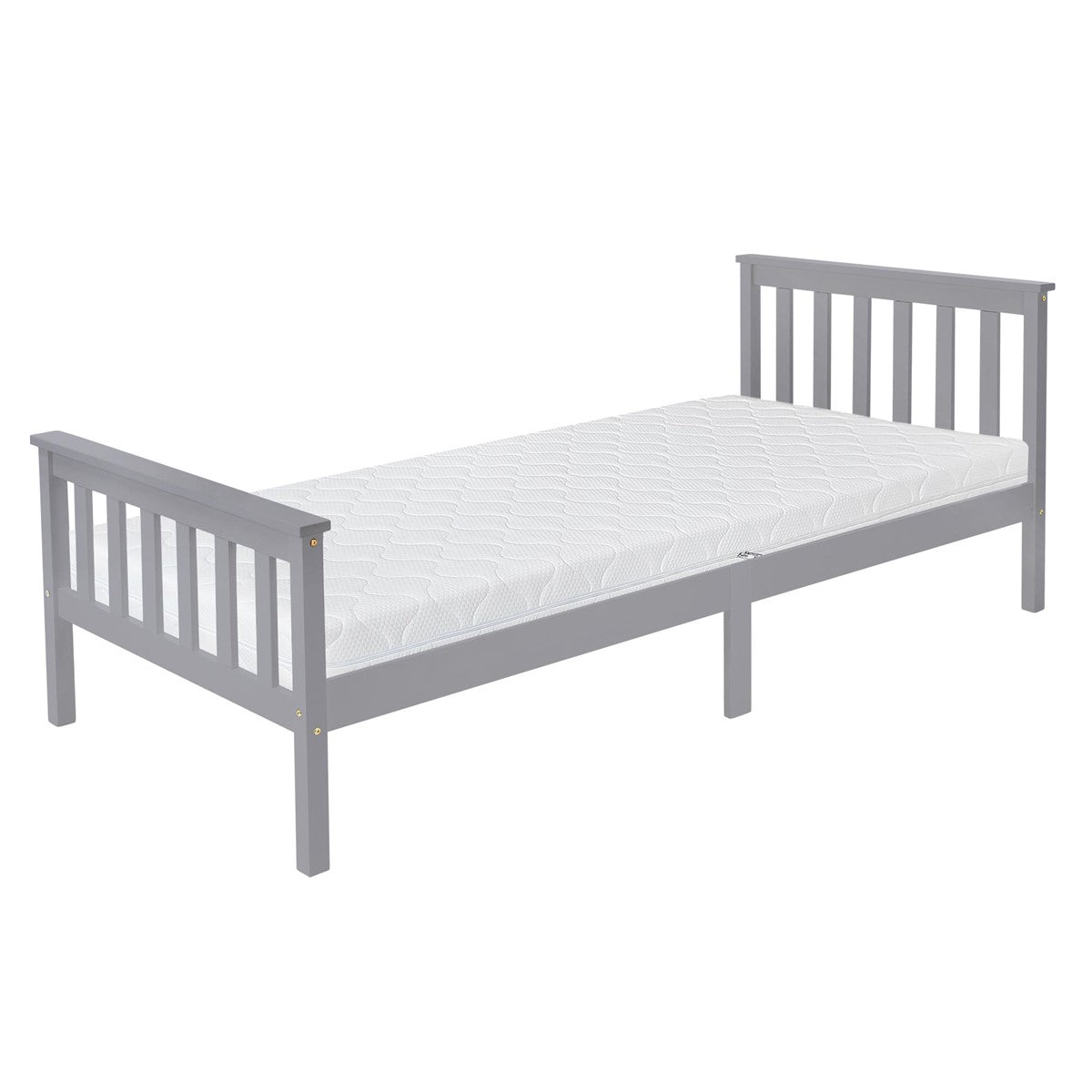 Ein graues Bett mit Matratze, seitliche Gitter und ohne Bettwäsche.
