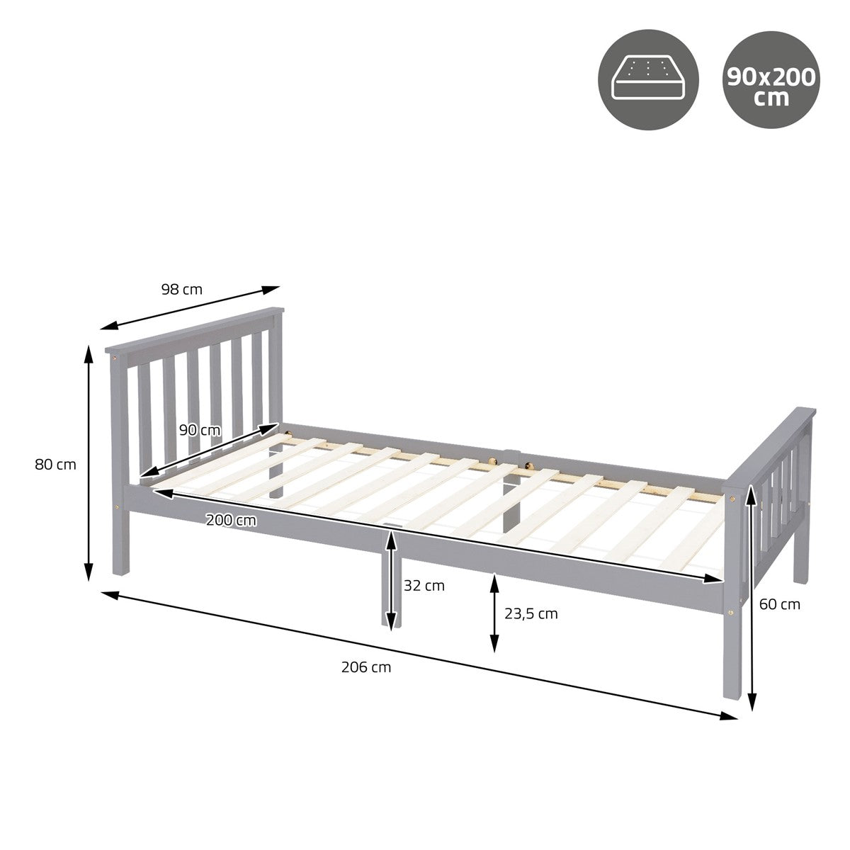 Disegno quotato di un letto da 90 x 200 cm.