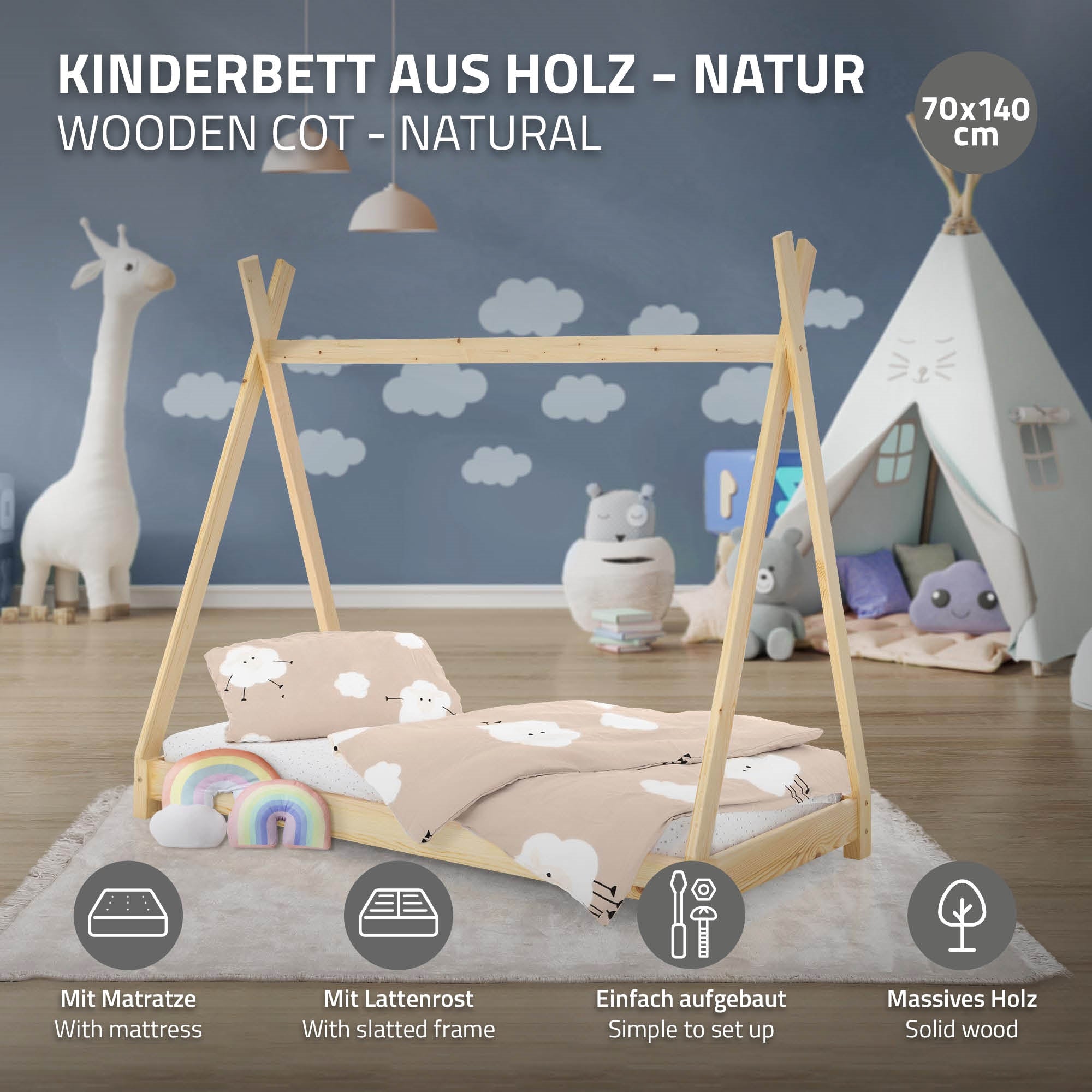 Cama infantil de madera con colchón, 70x140 cm, fácil de montar.