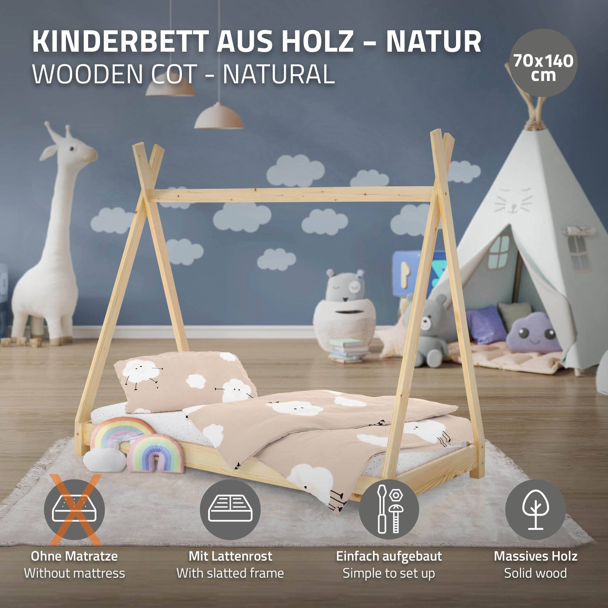 Holz-Kinderbett mit Zelt und bunten Kissen, 70x140 cm.