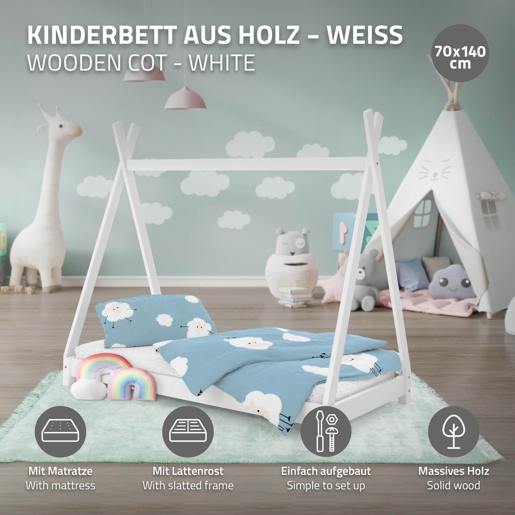 Holz-Kinderbett mit Matratze und Lattenrost, 70x140 cm.