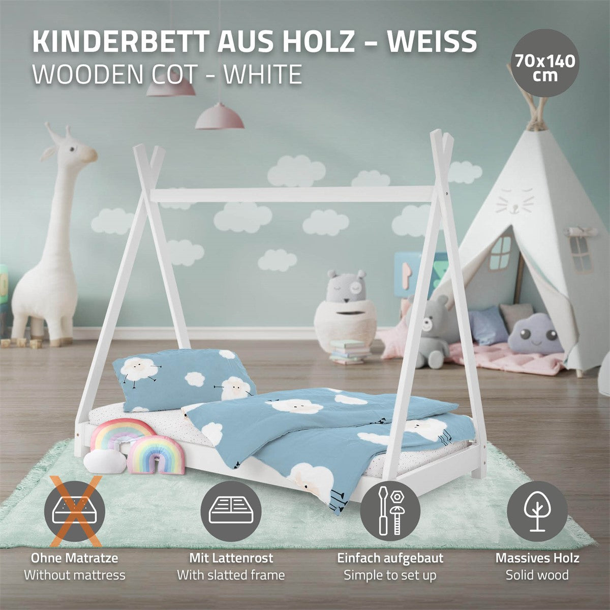 Holz-Kinderbett in weiß mit Matratze und Laken.