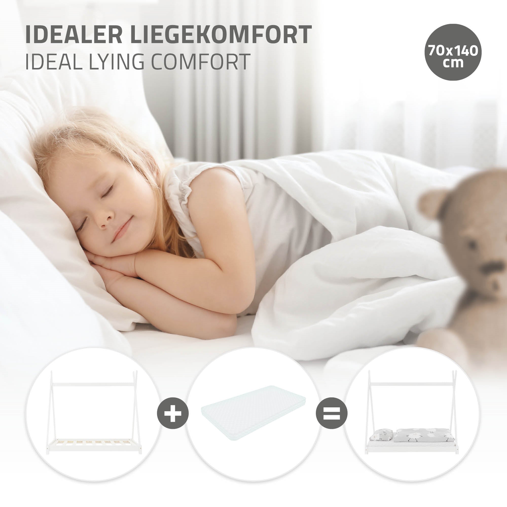 Ein schlafendes Kind auf einem Bett mit einer Decke.