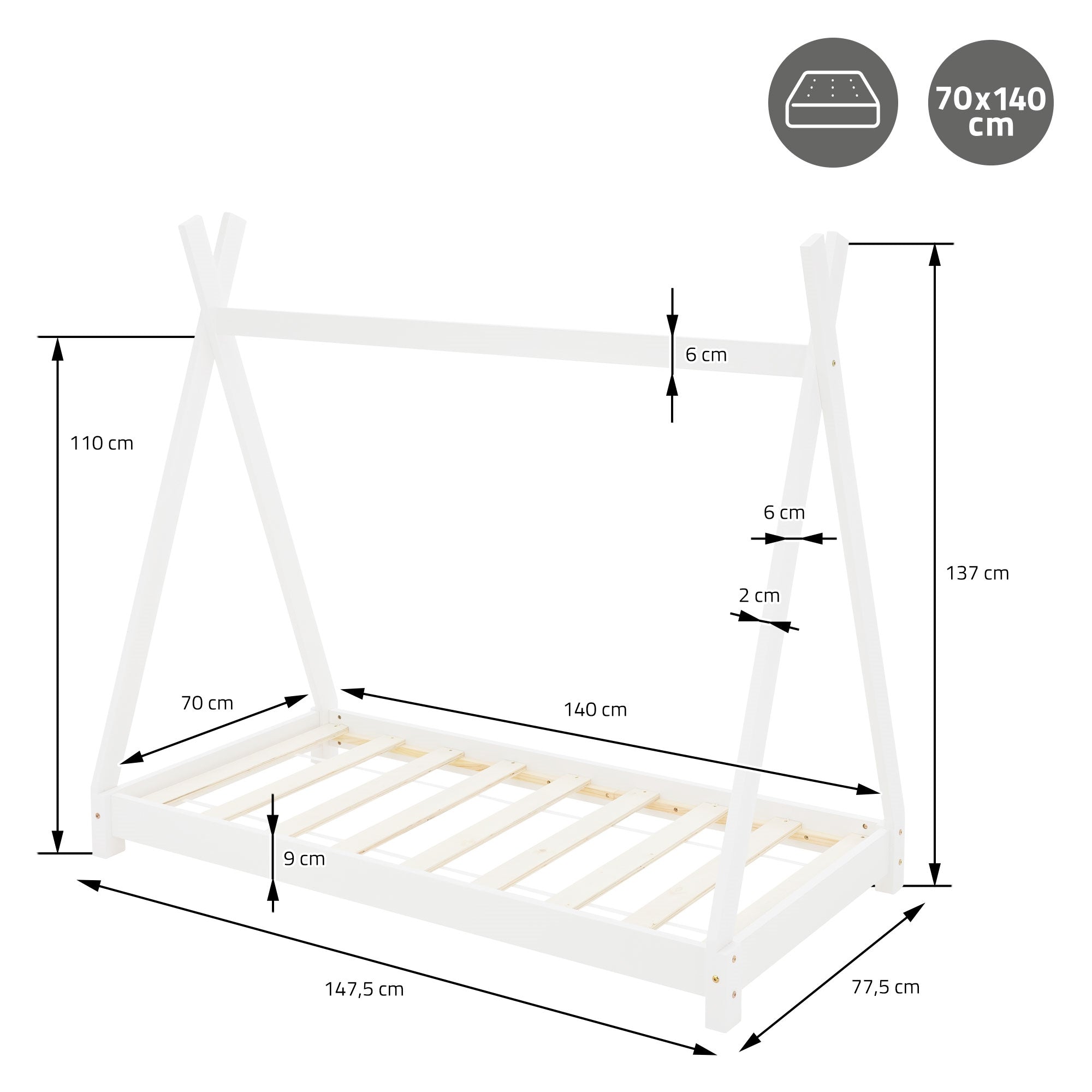 Maßzeichnung für ein Kinderbett mit Dachform, 70x140 cm.