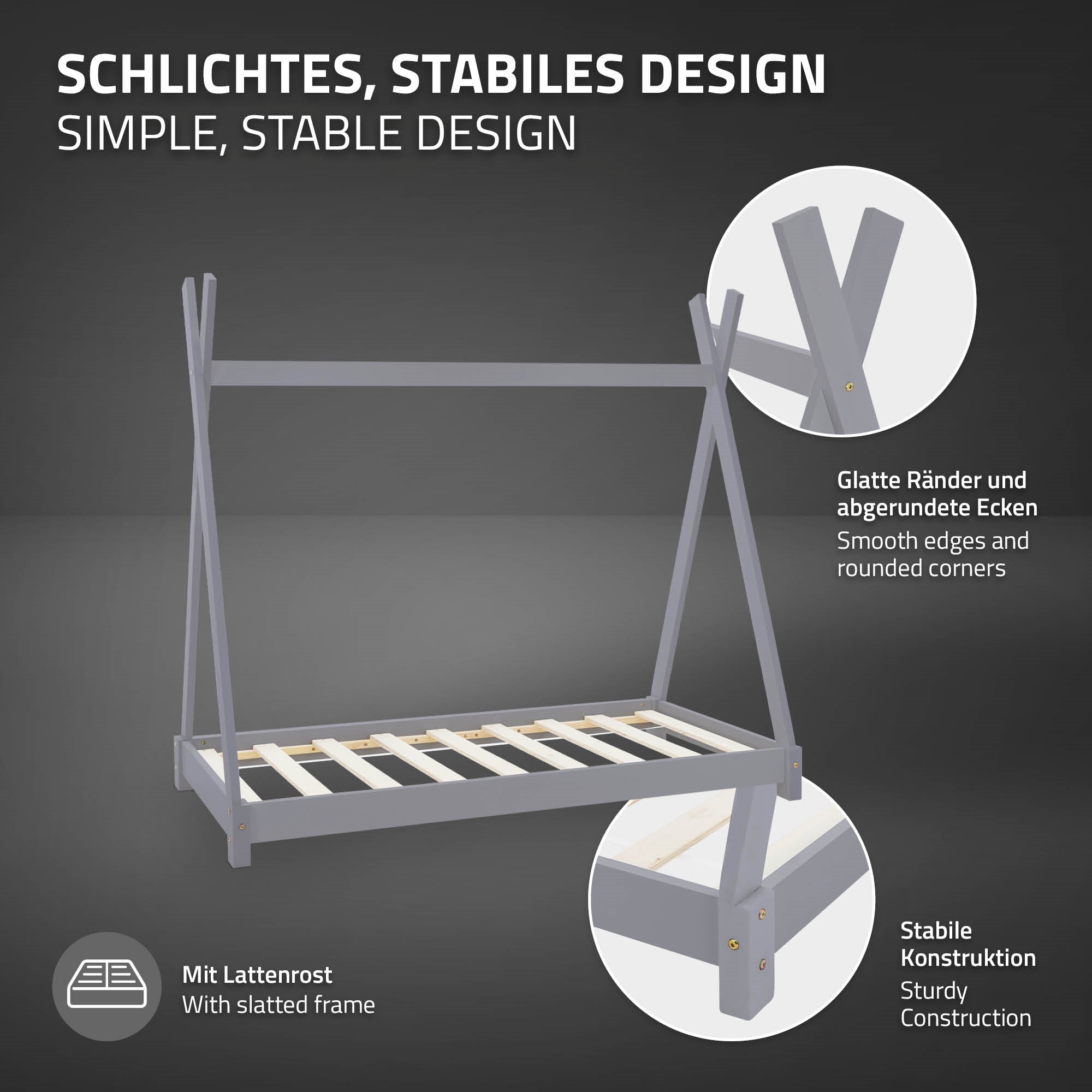 Bett mit stabiler Konstruktion und glatten Rändern, mit Lattenrost.