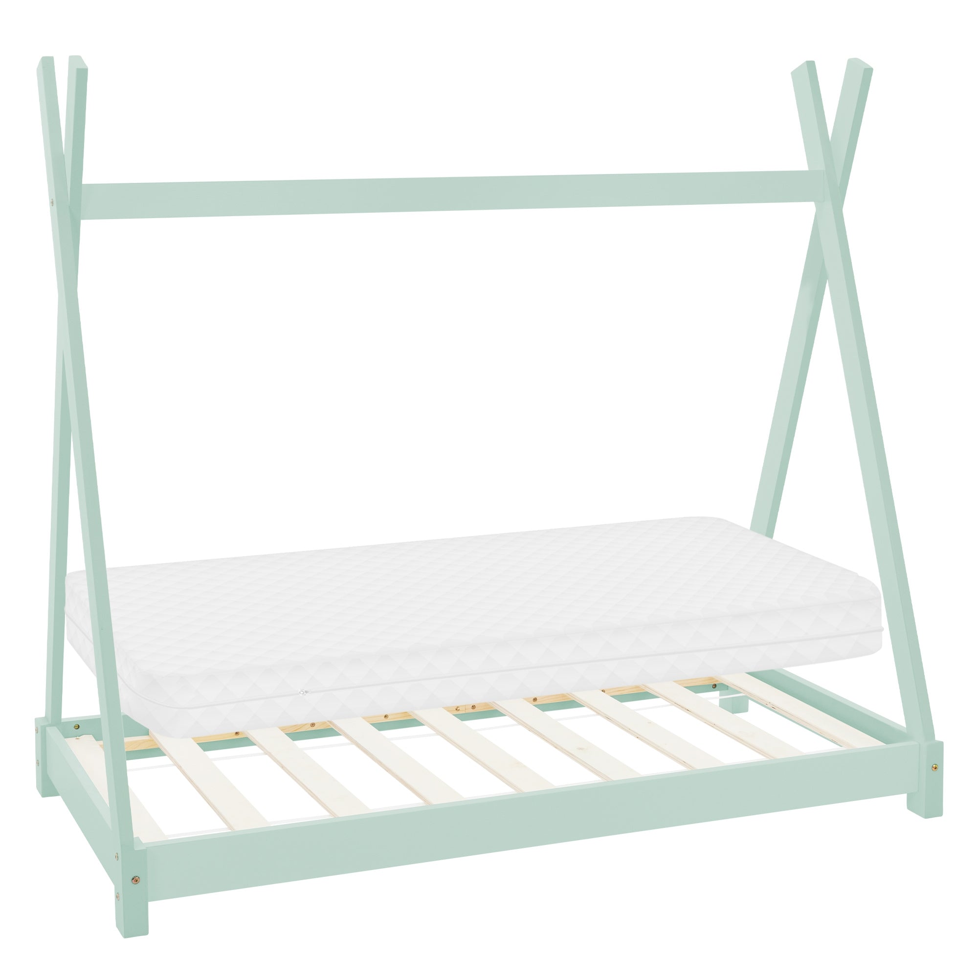 Un marco de cama minimalista en color verde menta sin colchón.
