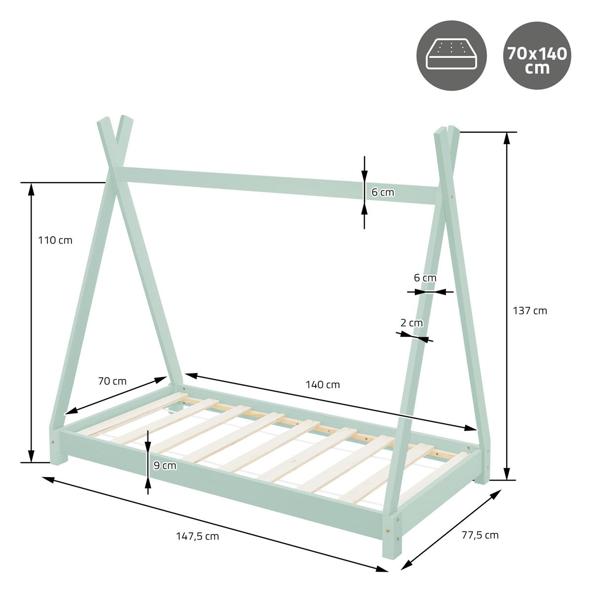 Technische tekening van een kinderbed met afmetingen en details.